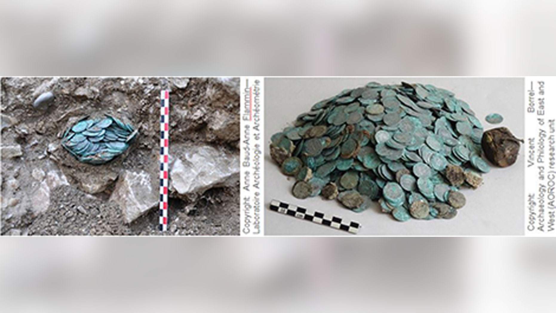 Treasure in situ (left) and after examination (right). (Credit: Anne Baud-Anne Flammin-Vincent Borrel)
