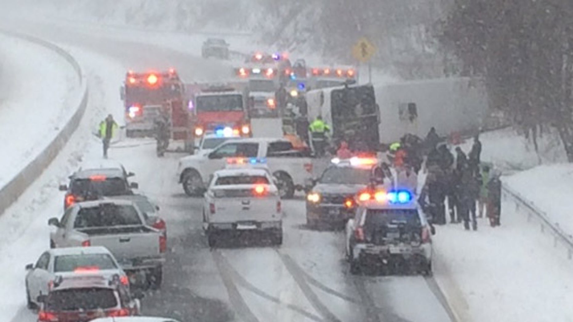 A charter bus overturned on Interstate 95 near Madison, Conn.