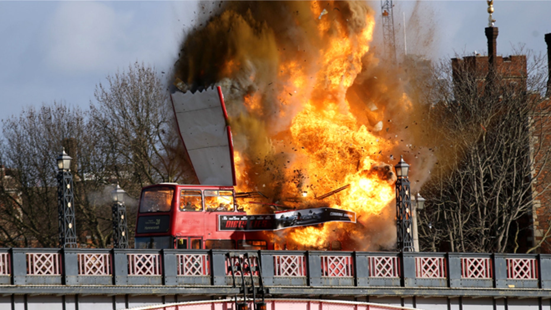 Feb 7, 2016. A bus explodes on Lambeth Bridge, during filming for Jackie Chan's new film "The Foreigner," in London.