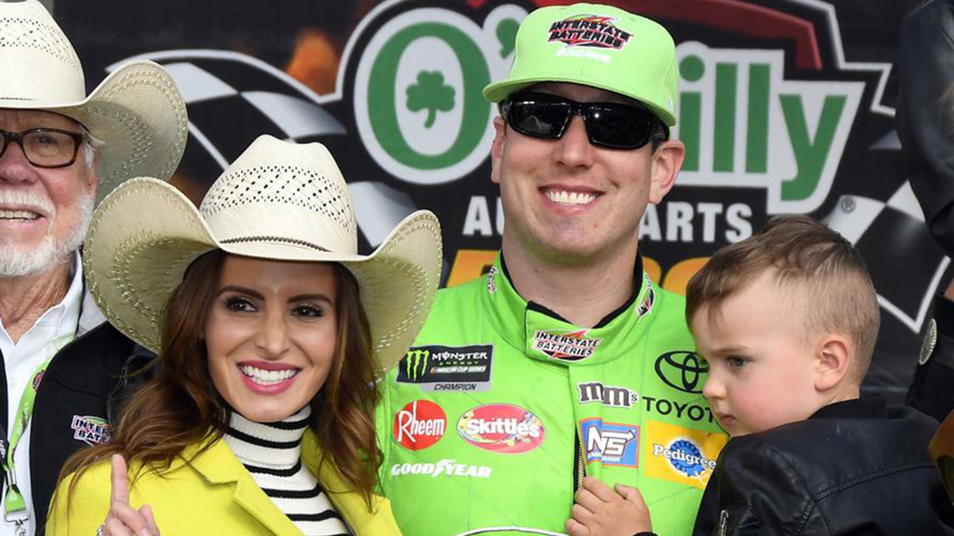 Samantha, Kyle and son Brexton Locke celebrate Busch's April win in Texas.