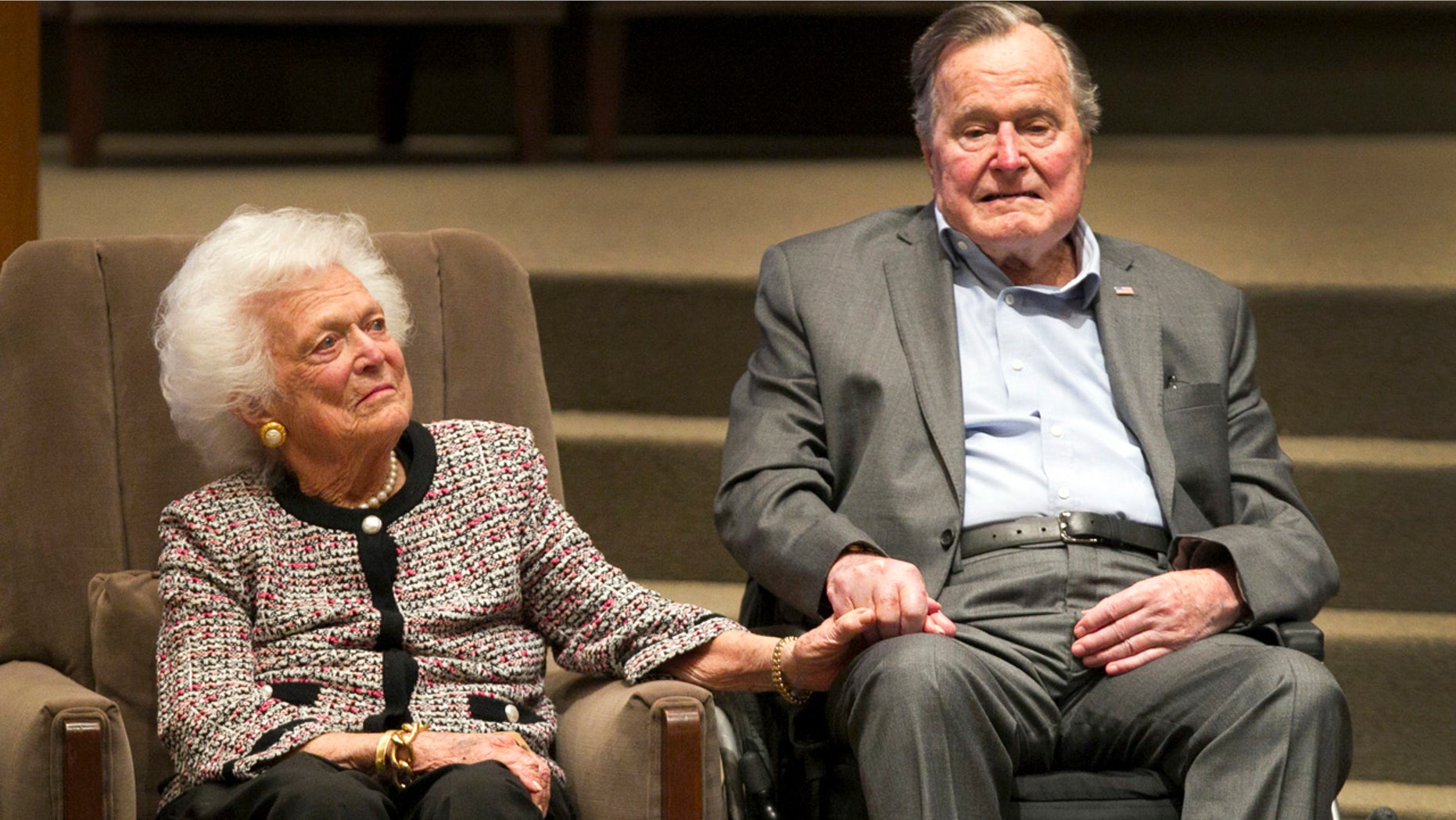 In this March 8, 2017, file photo, former President George H.W. Bush and former first lady Barbara Bush attend an awards ceremony hosted by Congregation Beth Israel after the Mensch International Foundation presented its annual Mensch Award to the former president in Houston.