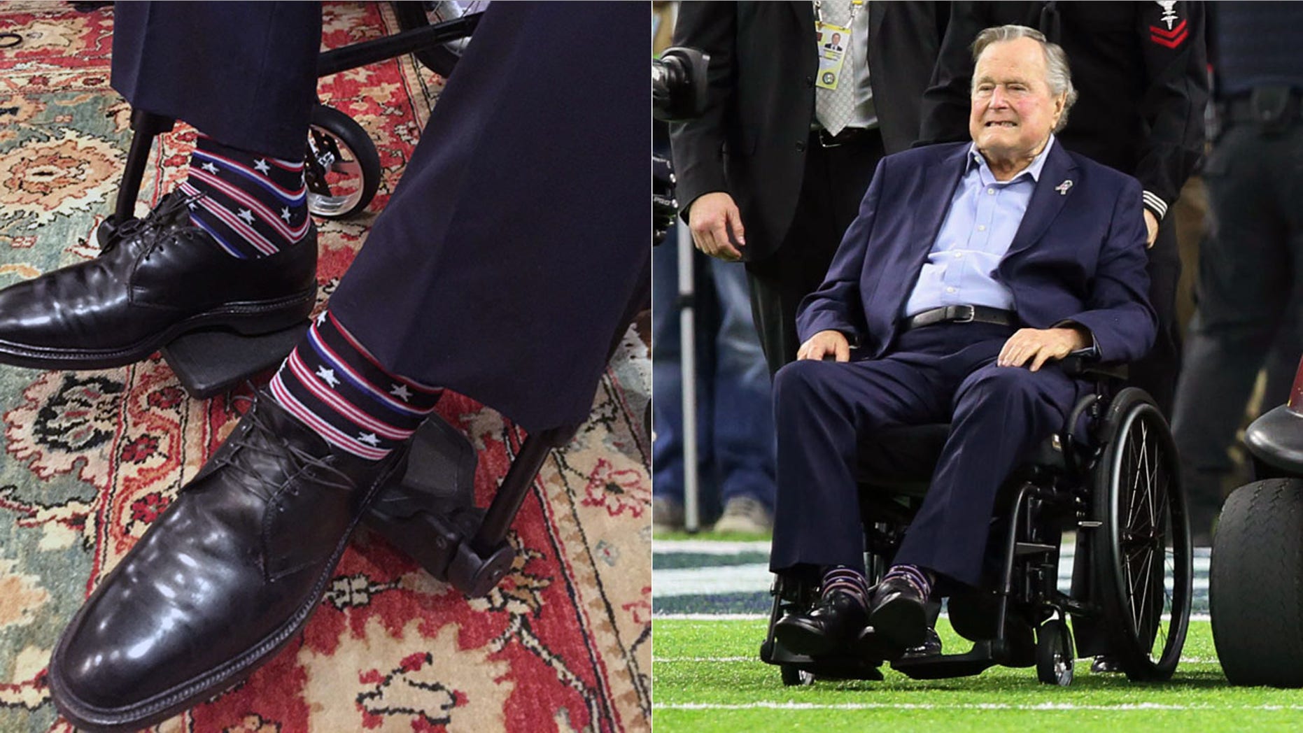 Former President George H.W. Bush wore the patriotic socks while tossing the coin at Super Bowl 51 on Feb. 5.