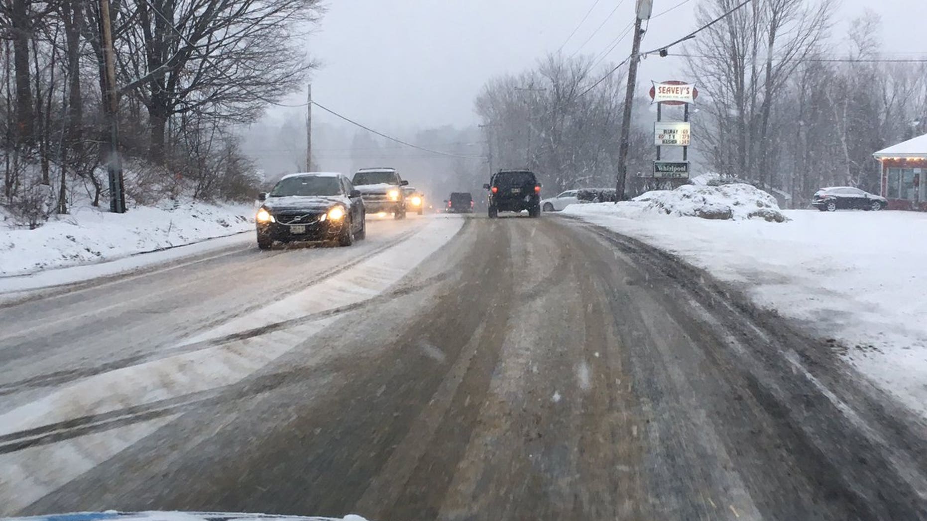Snow starting to accumulate in Windham, Maine.