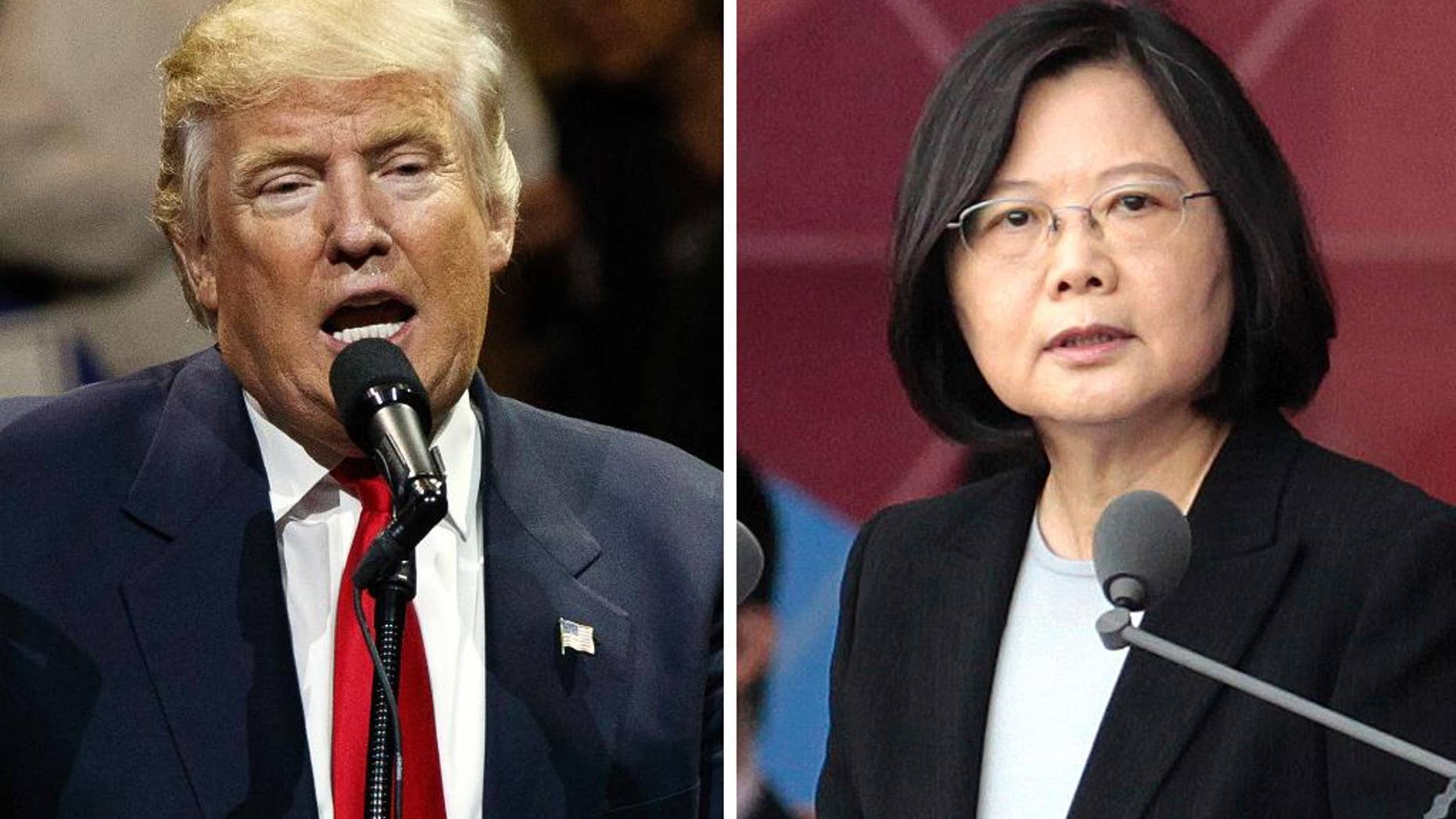 FILE - This combination of two photos shows U.S. President-elect Donald Trump, left, speaking during a "USA Thank You" tour event in Cincinatti Thursday, Dec. 1, 2016, and Taiwan's President Tsai Ing-wen, delivering a speech during National Day celebrations in Taipei, Taiwan, Monday, Oct. 10, 2016. Trump spoke Friday, Dec. 2, with Tsai, a move that will be sure to anger China. (AP Photo/Evan Vucci, Chinag Ying-ying, File)