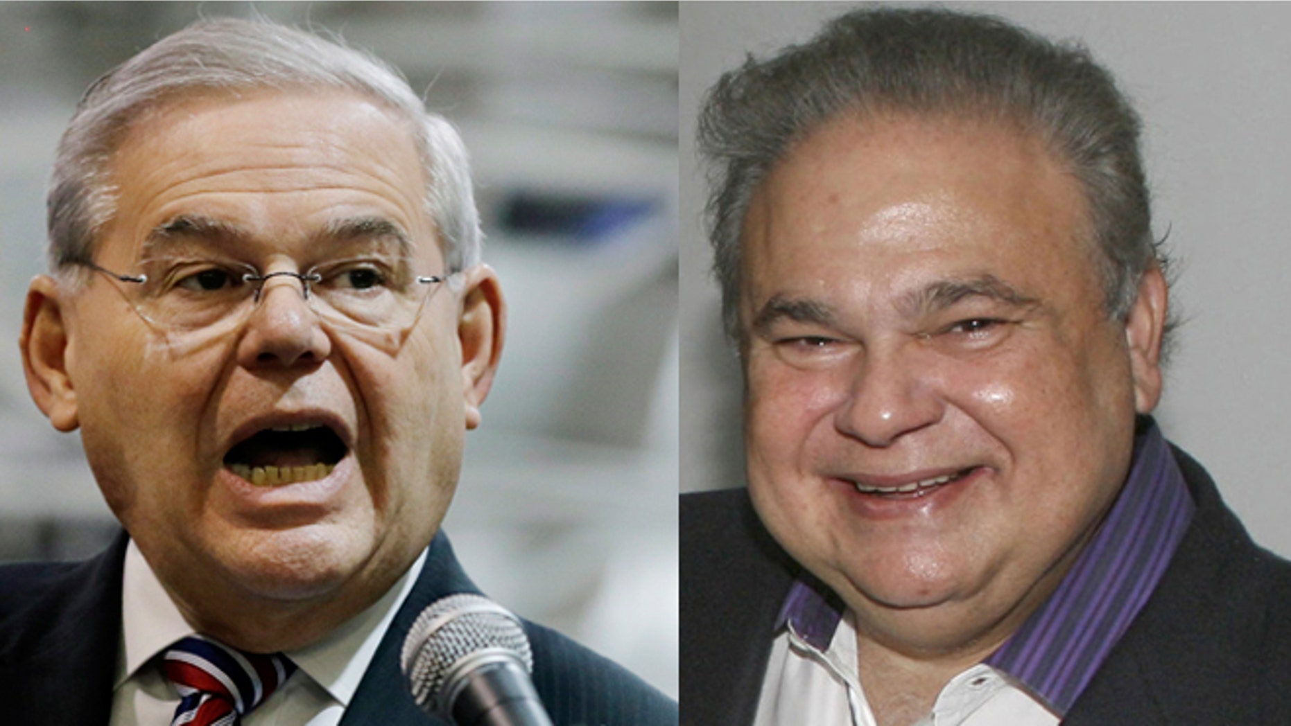 Left: U.S. Sen. Robert Menendez, D-NJ, answers a questions as he addresses a gathering Monday, March 23, 2015, in Garwood, N.J. Right: Salomon Melgen. (Photos: Left, AP Photo/Mel Evans; Right, Associated Press)