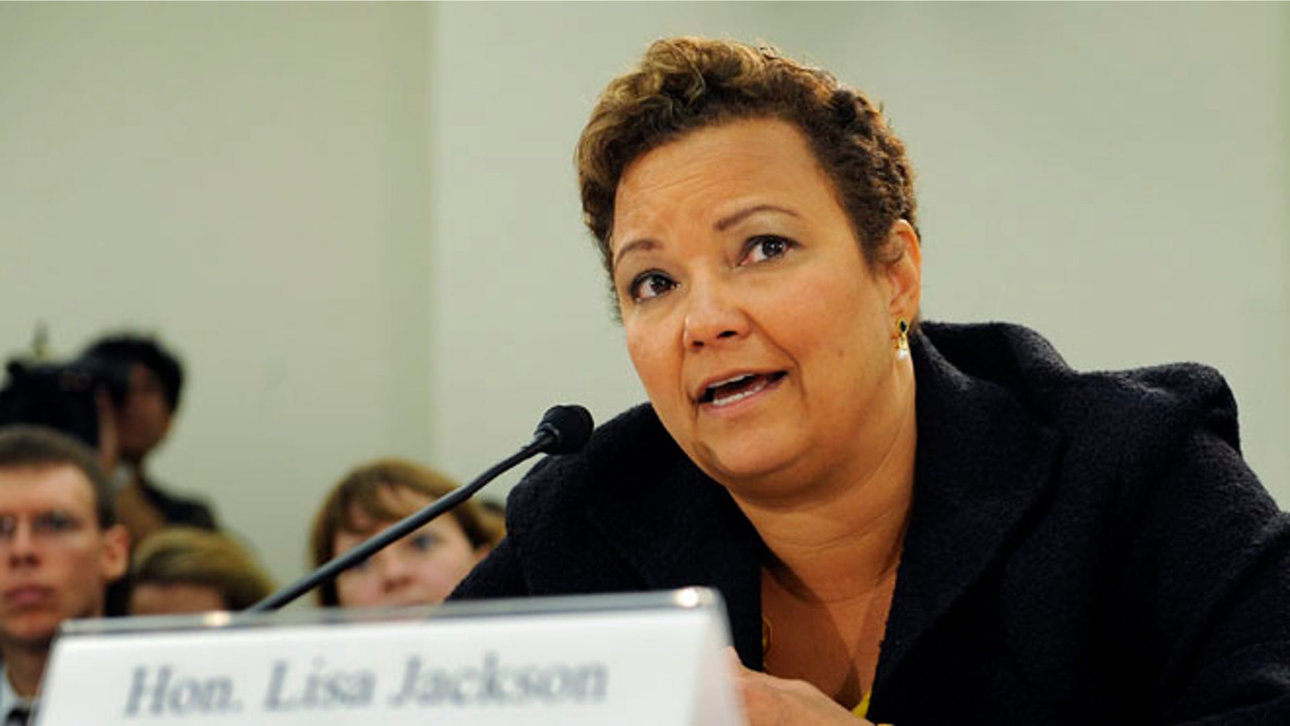 FILE: September 22, 2011: Environmental Protection Agency Administrator Lisa Jackson testifies at a Capitol Hill hearing in Washington.