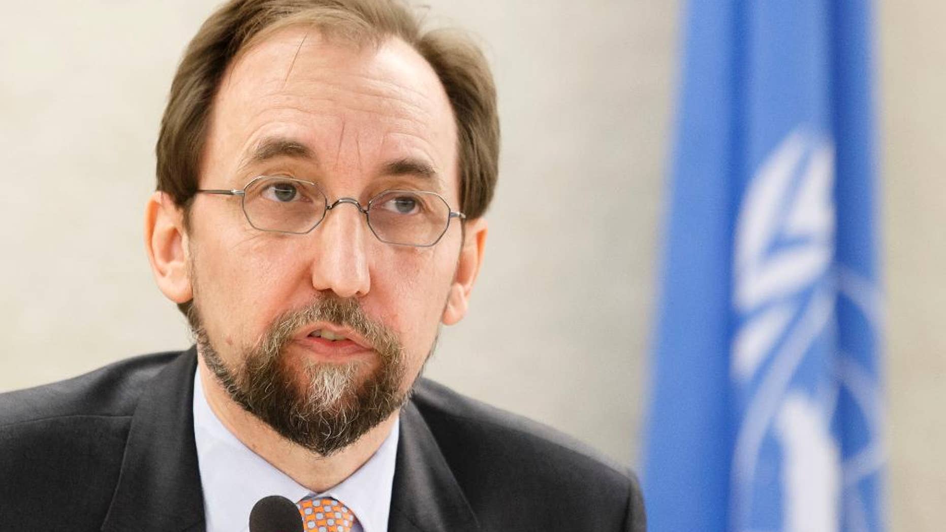 FILE - In this June 13, 2016 file photo UN High Commissioner for Human Rights Zeid Ra'ad al-Hussein, of Jordan, delivers a speech during the opening of the 32nd session of the Human Rights Council, at the European headquarters of the United Nations in Geneva, Switzerland. Zeid said Thursday, Aug. 4, 2016 that officials have documented 217 cases of sexual violence in South Sudan's capital during last month's outbreak of fighting, most of them committed by government security forces. (Salvatore Di Nolfi/Keystone via AP, file)