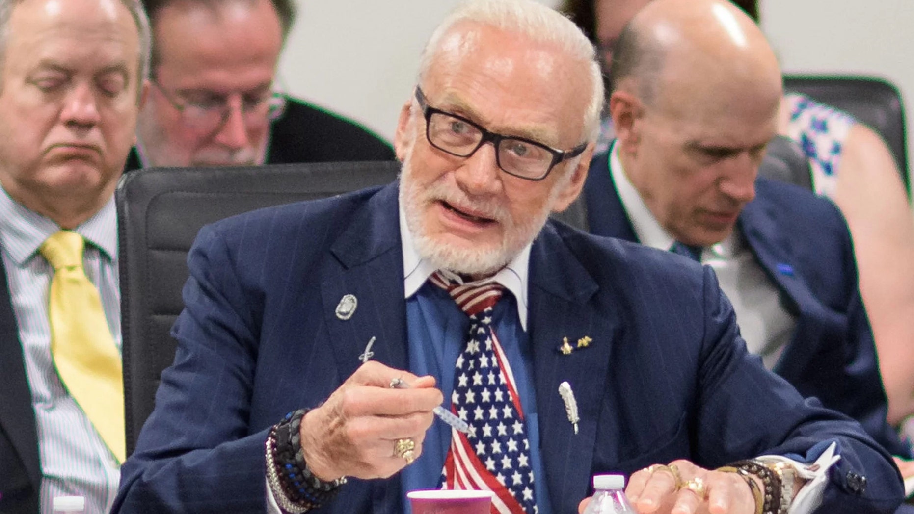 Buzz Aldrin participates in the National Space Council's Users' Advisory Group meeting on June 19, 2018 at NASA Headquarters in Washington, DC. Credit: Joel Kowsky/NASA