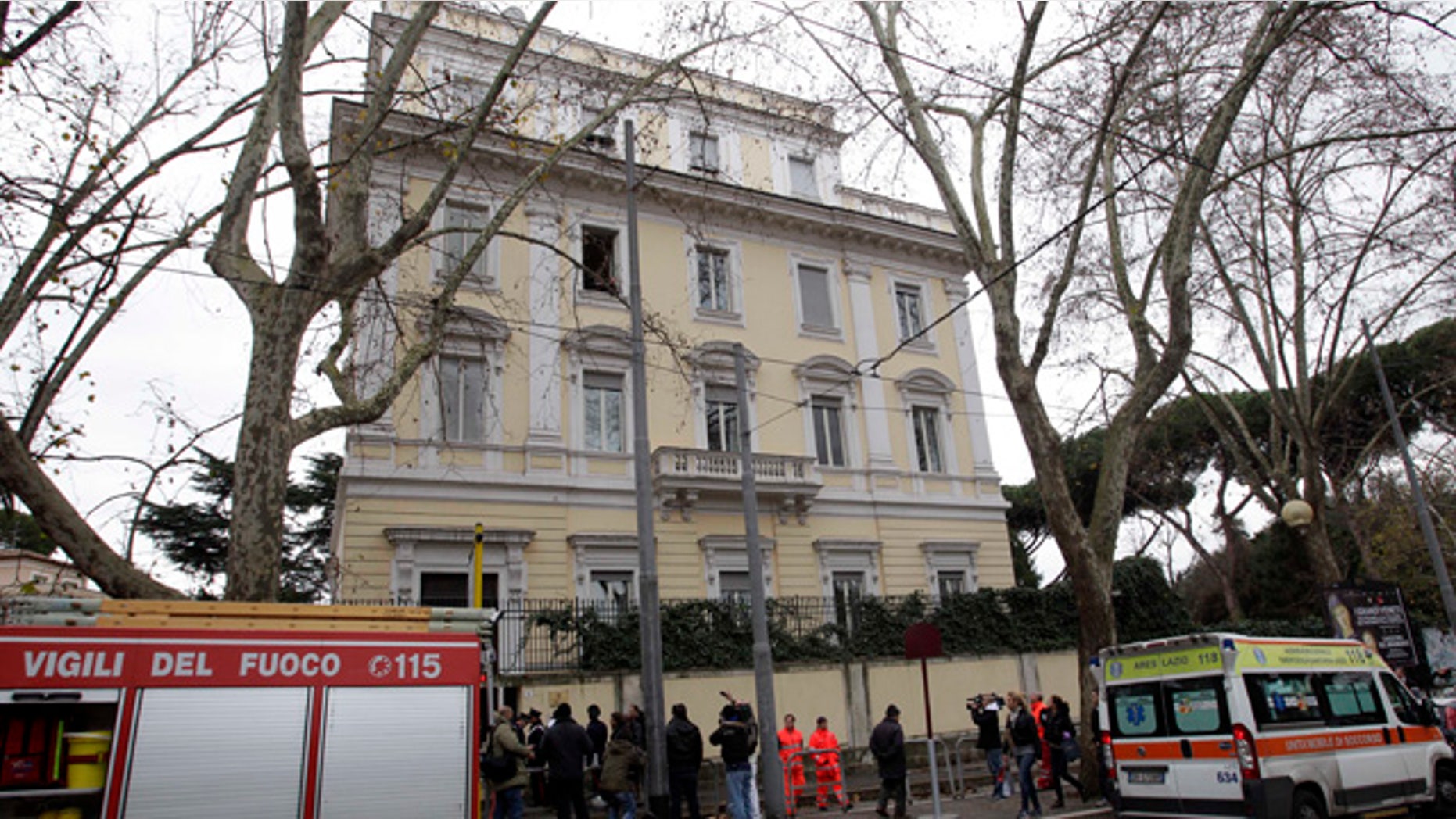 Dec. 27: Firefighters stand outside the Greek Embassy in Rome. A package bomb was found at the Greek Embassy in Rome on Monday, four days after similar mail bombs exploded at two other embassies injuring two people. The device was defused and no one was injured. (AP)