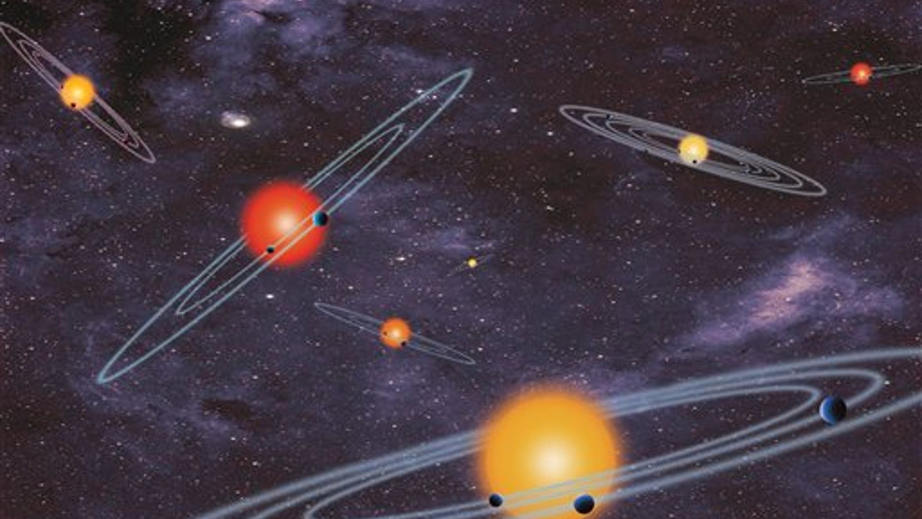 This handout artist conception provided by NASA depicts multiple-transiting planet systems, which are stars with more than one planet. The planets eclipse or transit their host star from the vantage point of the observer. This angle is called edge-on. Our galaxy is looking far more crowded as NASA Wednesday confirmed a bonanza of 715 newly discovered planets circling stars other than our sun. Four of those new planets are in the habitable zones where it is not too hot or not cold. NASAs Kepler planet-hunting telescope nearly doubled the number of planets scientists have discovered in the galaxy, pushing the figure to about 1,700. Twenty years ago, astronomers had not found any planets outside our solar system. (AP Photo/NASA)