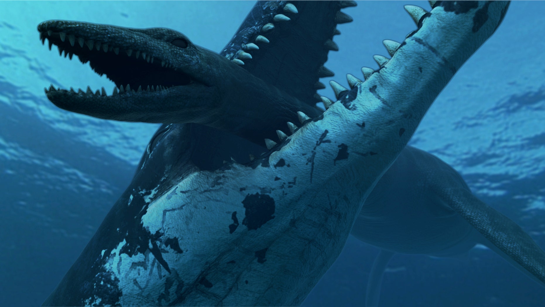 A pliosaur crushes down on a smaller plesiosaur, thanks to its 33,0000-lb bite.