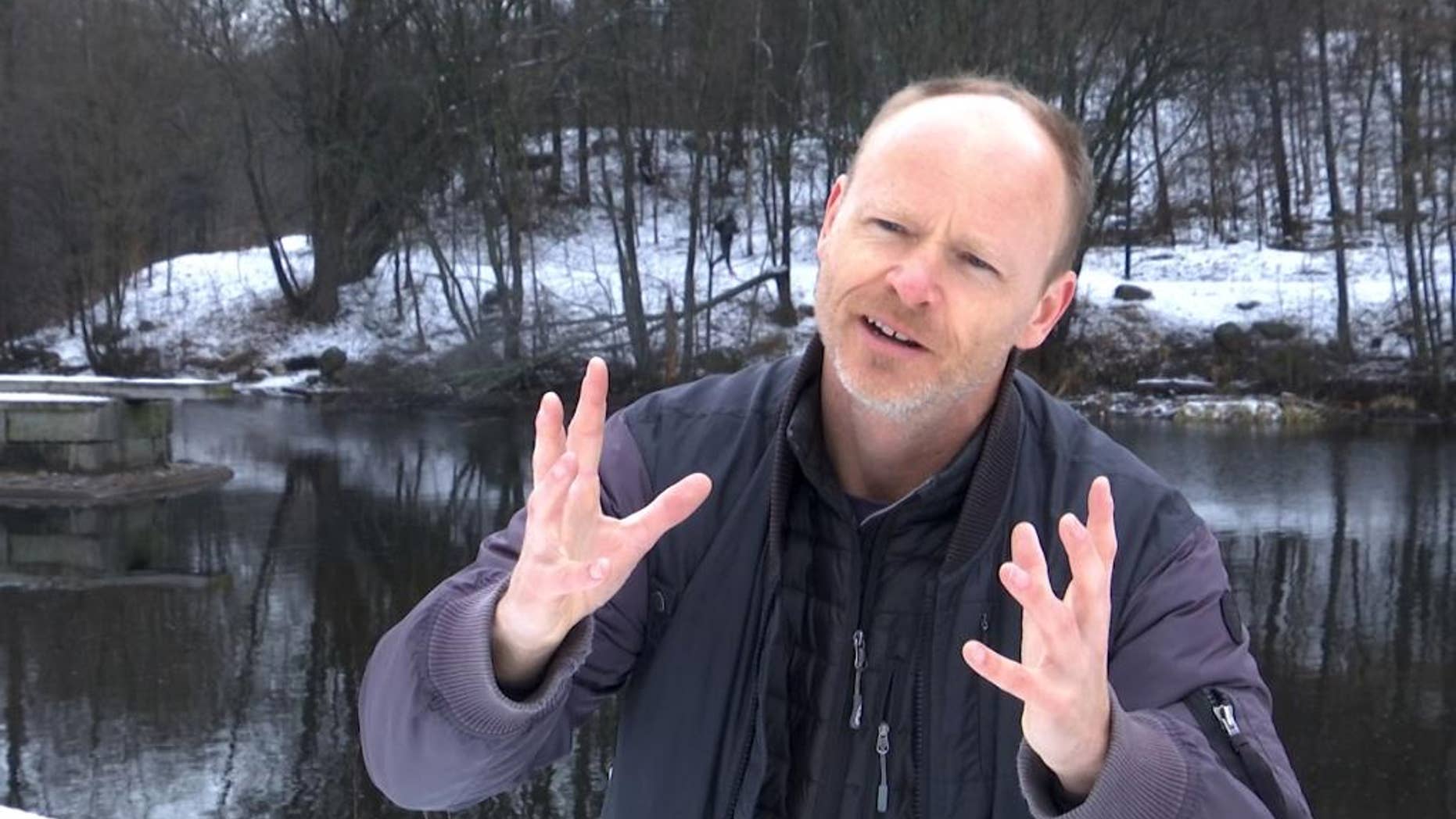 Norwegian comedian Harald Ela explains why Norwegians are the happiest people on earth during an interview with the Associated Press in Oslo, Norway on Monday March 20, 2017,. A global happiness report has made the Norwegian foreign minister, well, happy. Reacting to the news Monday that Norway tops the world happiness rankings, edging out Denmark which was No.1 in the previous report. (AP Photo/David Keyton)