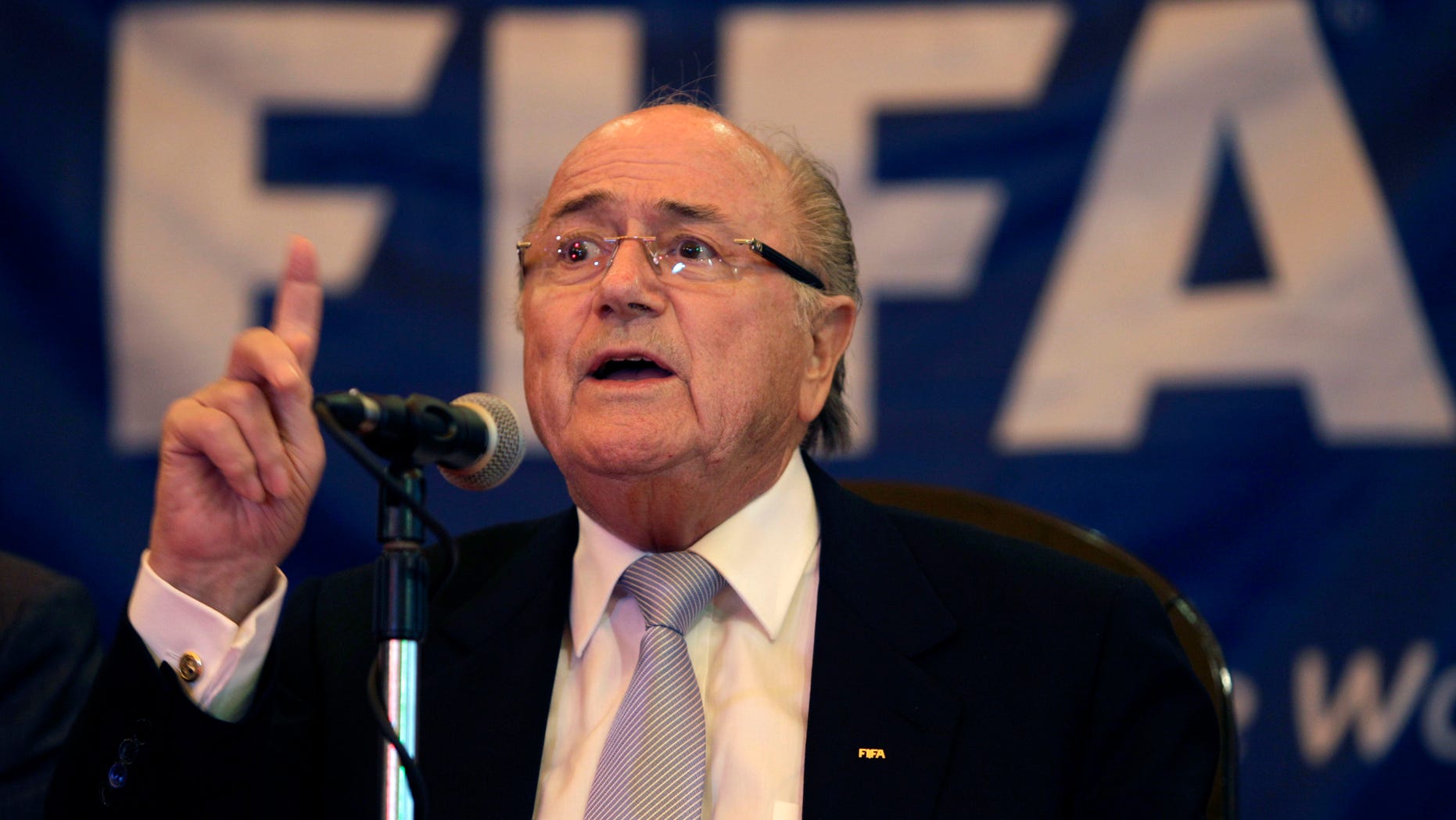 FIFA President Joseph S. Blatter gives a press conference at Hotel Nacional in Havana, Cuba, Wednesday, April 17, 2013. Blatter made a stop in Cuba on his way to Panama, where he will attend attend the CONCACAF annual congress. (AP Photo/Franklin Reyes)