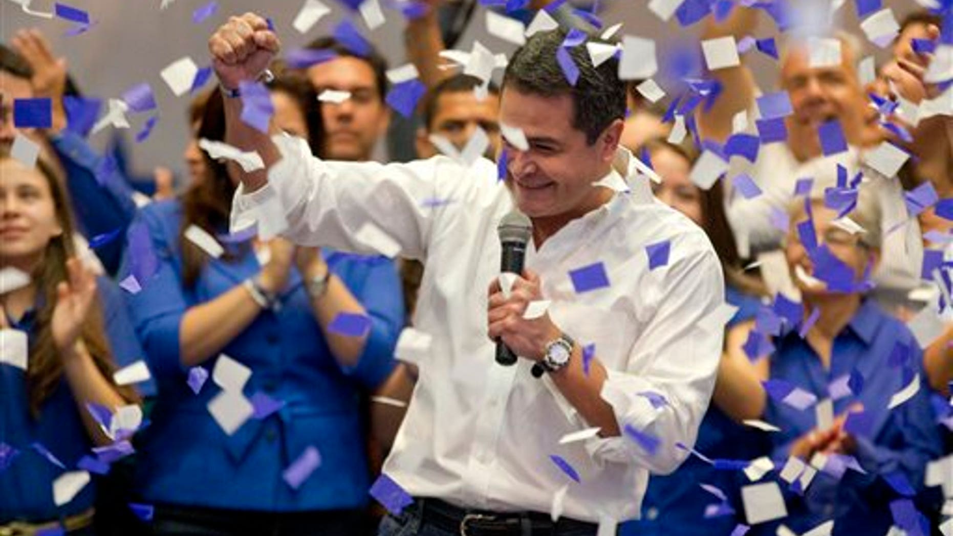 National Party's Juan Orlando Hernandez after partial election results in Tegucigalpa, Honduras, Sunday, Nov. 24, 2013.