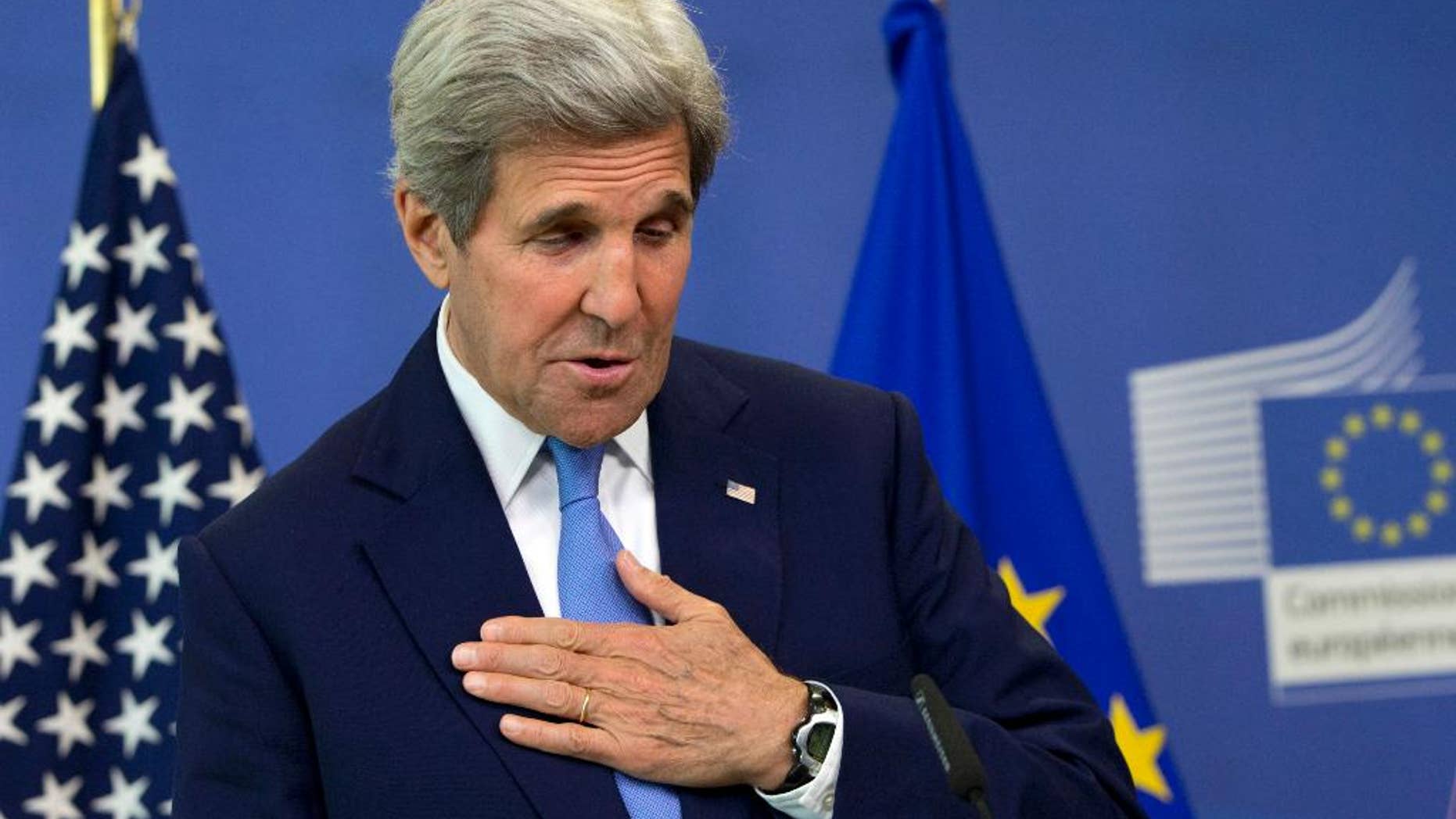 U.S. Secretary of State John Kerry pauses before speaking during a media conference at EU headquarters in Brussels on Monday, June 27, 2016. Kerry is on a one day trip to meet with NATO and EU officials. (AP Photo/Virginia Mayo)