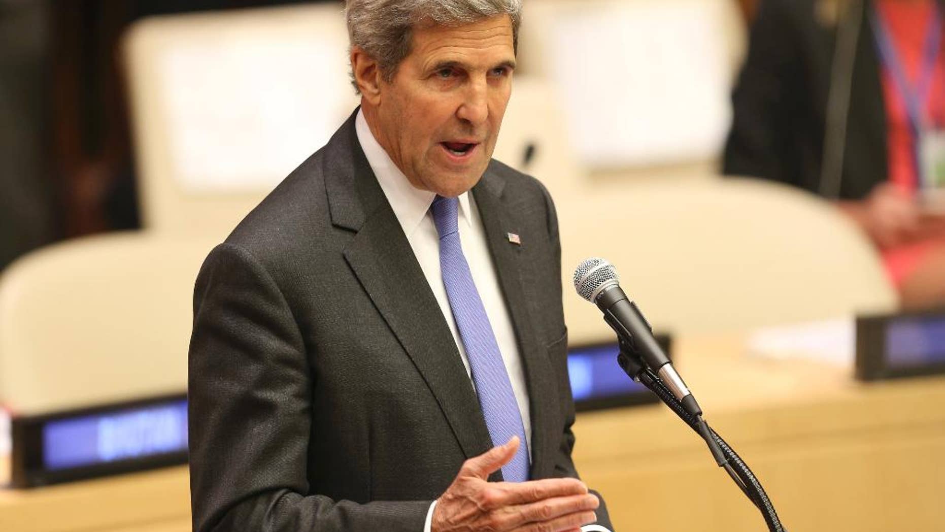 United States Secretary of State John Kerry speaks during the Summit for Refugees and Migrants at U.N. headquarters, Monday, Sept. 19, 2016. (AP Photo/Seth Wenig)