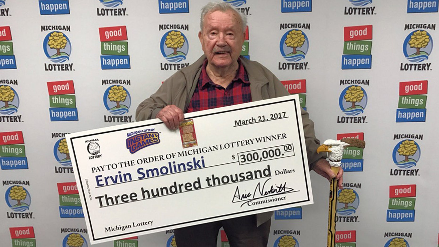 Ervin Smolinski, a World War II veteran who won $300,000 in the Michigan Lottery.