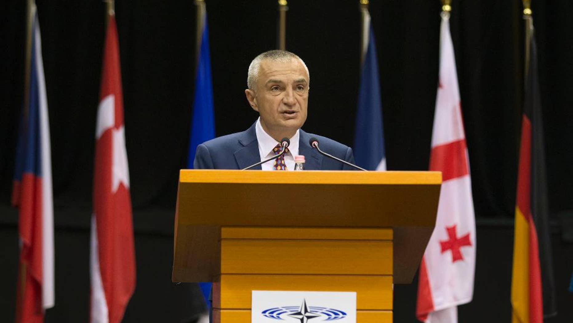 FILE - In this Monday, May 30, 2016 file photo, Albania's Parliament Speaker Ilir Meta speaks at the NATO Parliamentary Assembly Spring session in Tirana. The speaker of the Albanian Parliament is expected to be elected as the country’s new president Friday, April 28, 2017 in a parliamentary vote. Speaker Ilir Meta’s nomination has been formally supported by the main left-wing governing Socialist Party of Prime Minister Edi Rama. (AP Photo/Hektor Pustina, file)