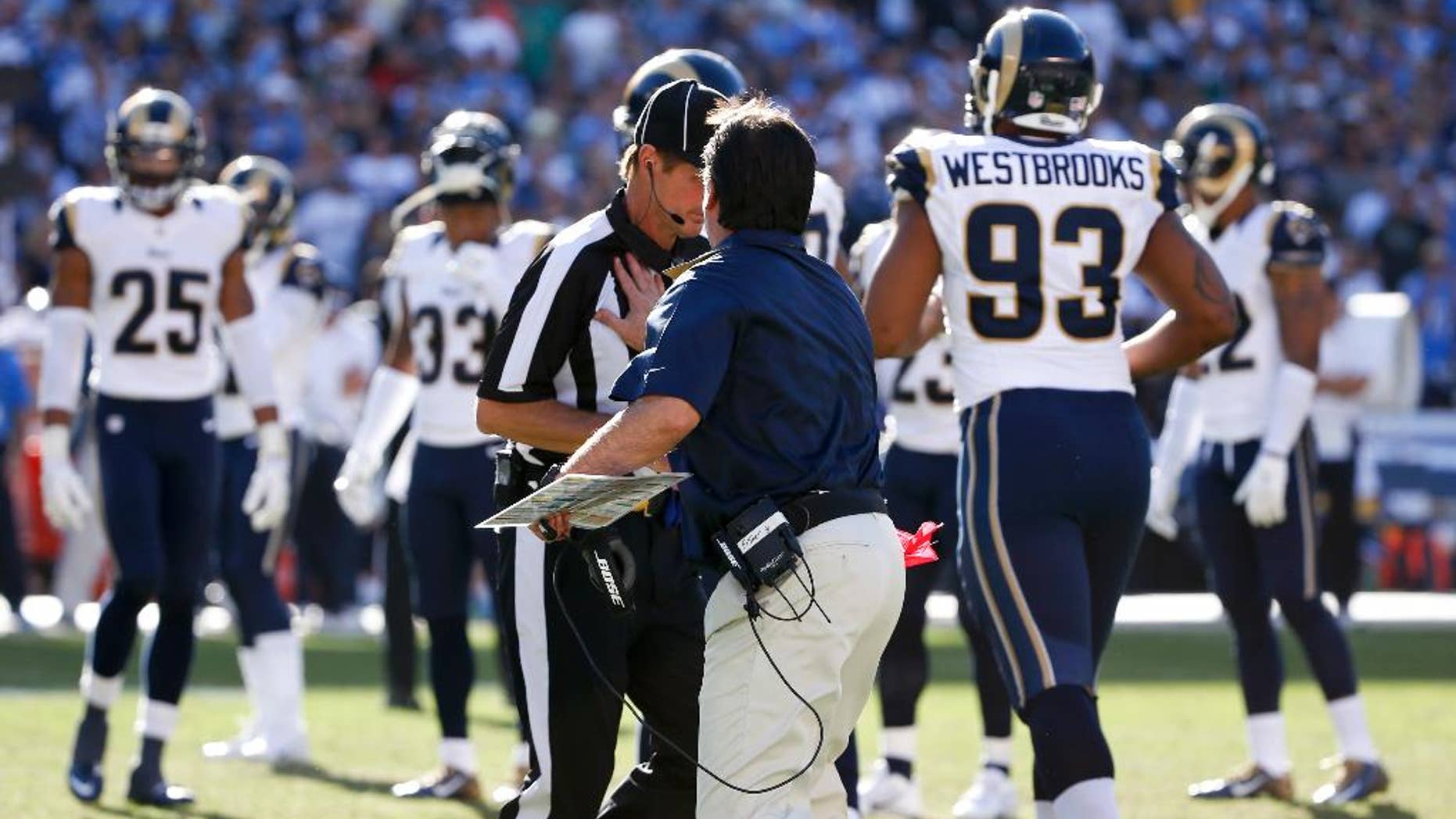 St. Louis Rams head coach Jeff Fisher puts his hand on a referee during the first half of an NFL football game against the San Diego Chargers, Sunday, Nov. 23, 2014, in San Diego. (AP Photo/Lenny Ignelzi)