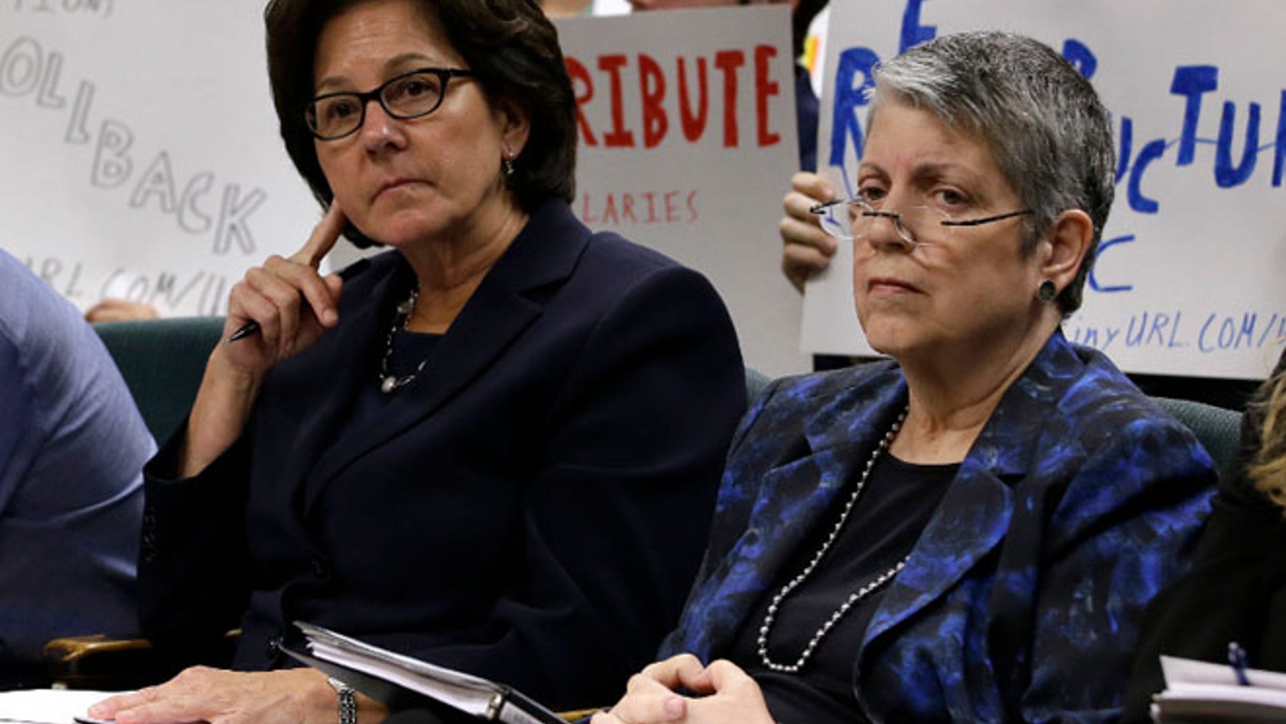 May 2: Monica Lozano, left, chair of the University of California Board of Regents, and UC President Janet Napolitano, sit in the audience before appearing before the Joint Legislative Audit Committee