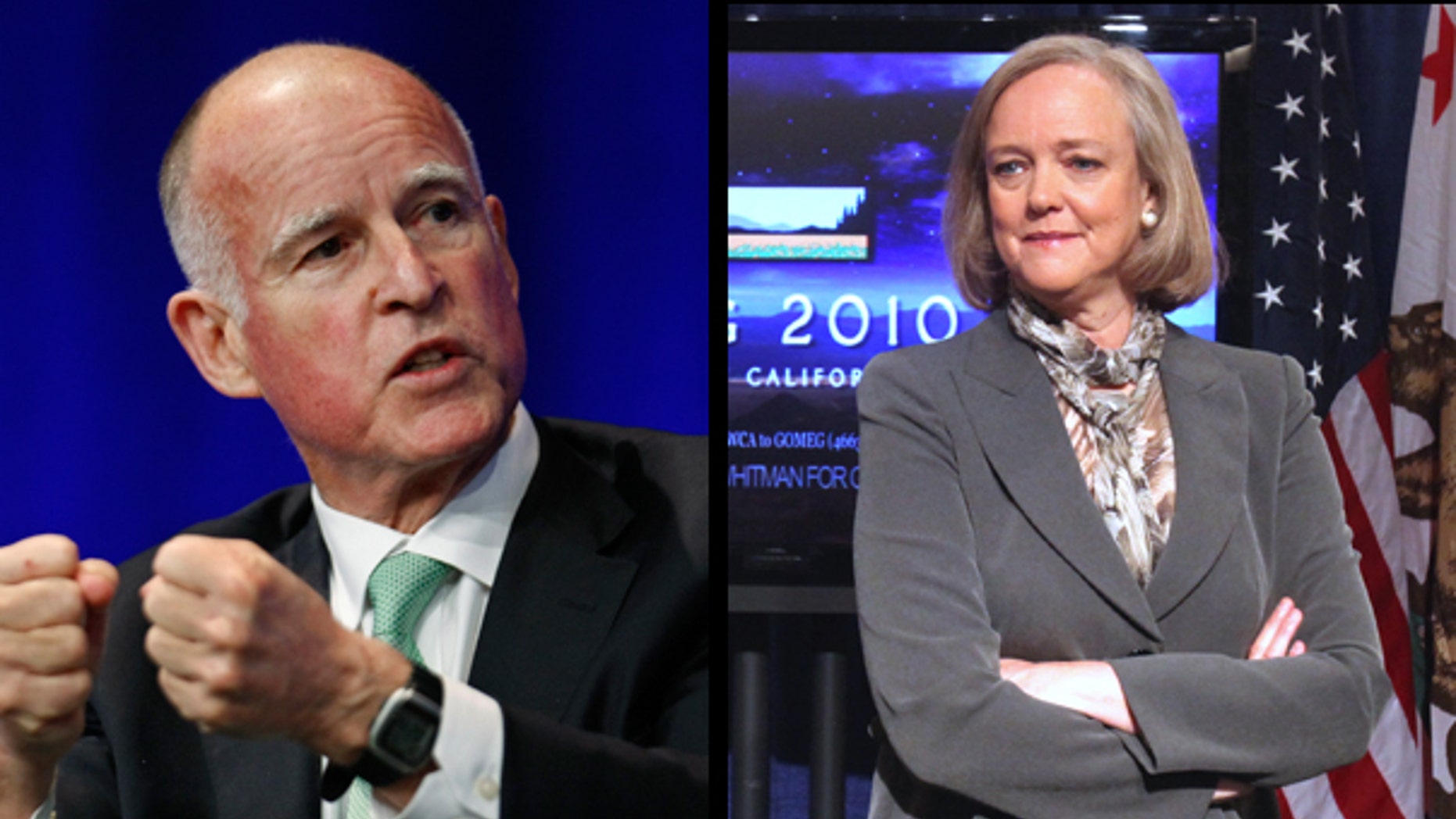 California Attorney General Jerry Brown and Republican gubernatorial candidate Meg Whitman. (AP)