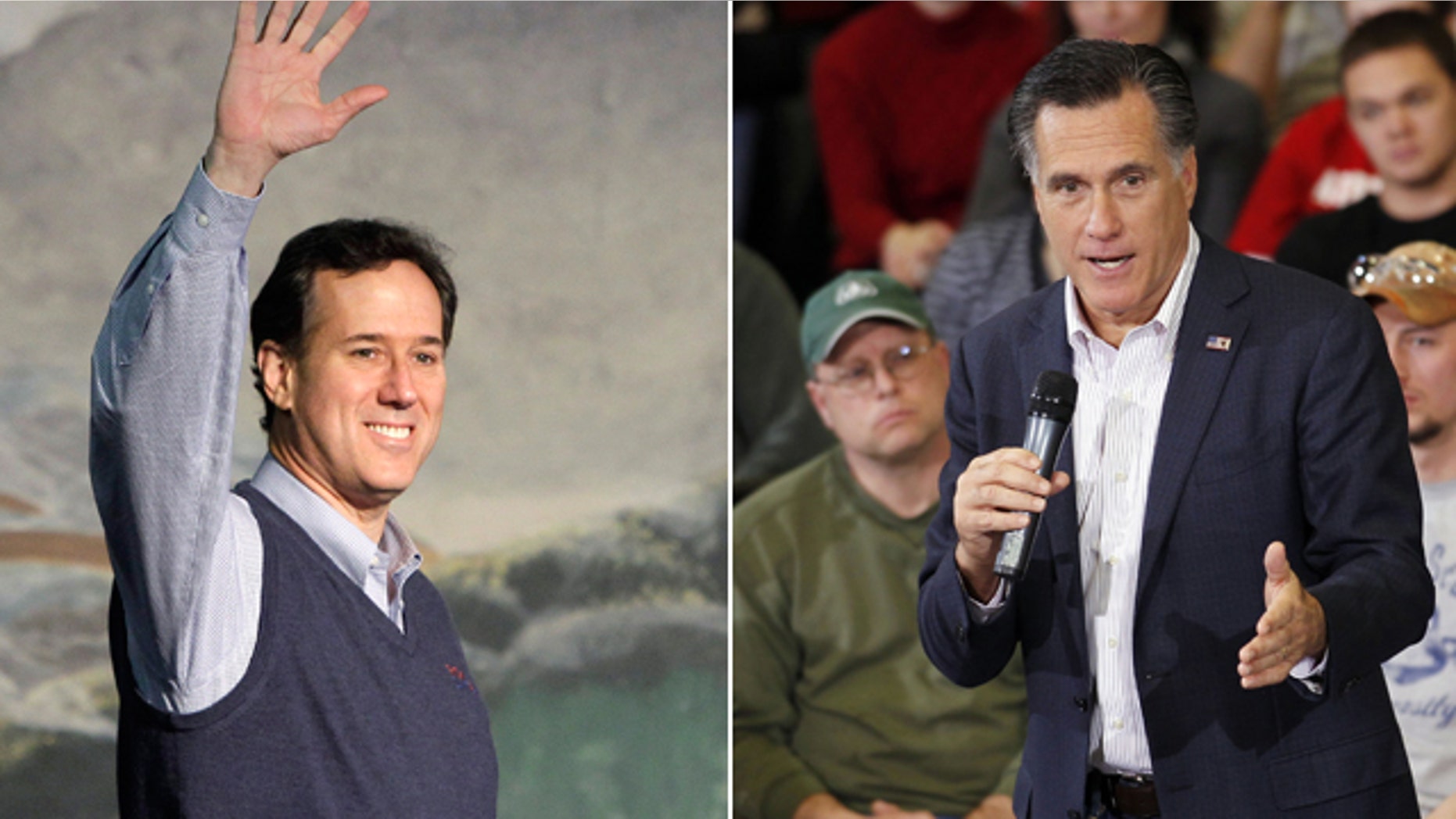 File: Republican presidential candidates Rick Santorum and Mitt Romney