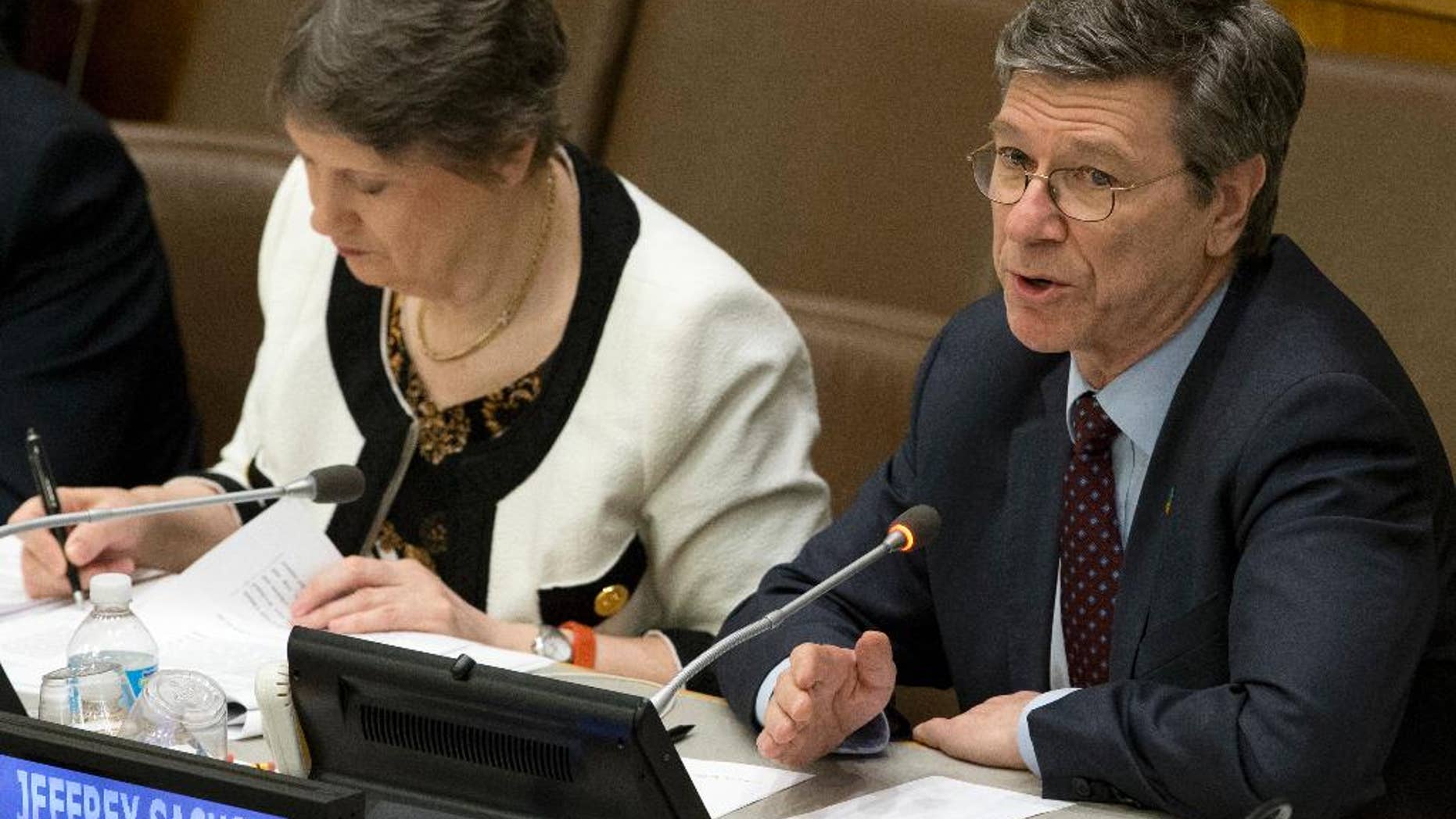 FILE - This is a Friday, April 22, 2016 file photo of Columbia University's Jeffrey Sachs as he speaks during a high level meeting on the Implementation of the Climate and Development Agendas, at U.N. headquarters. In a letter released Monday May 9, 2016, hundreds of economists including Jeffrey Sachs of Columbia University's Earth Institute are urging world leaders to end the era of tax havens, arguing they only benefit rich individuals and multinational corporations and serve to increase inequality. (AP Photo/Mary Altaffer, File)