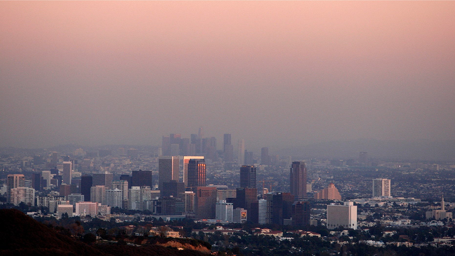 Century City and downtown Los Angeles are seen through the smog.