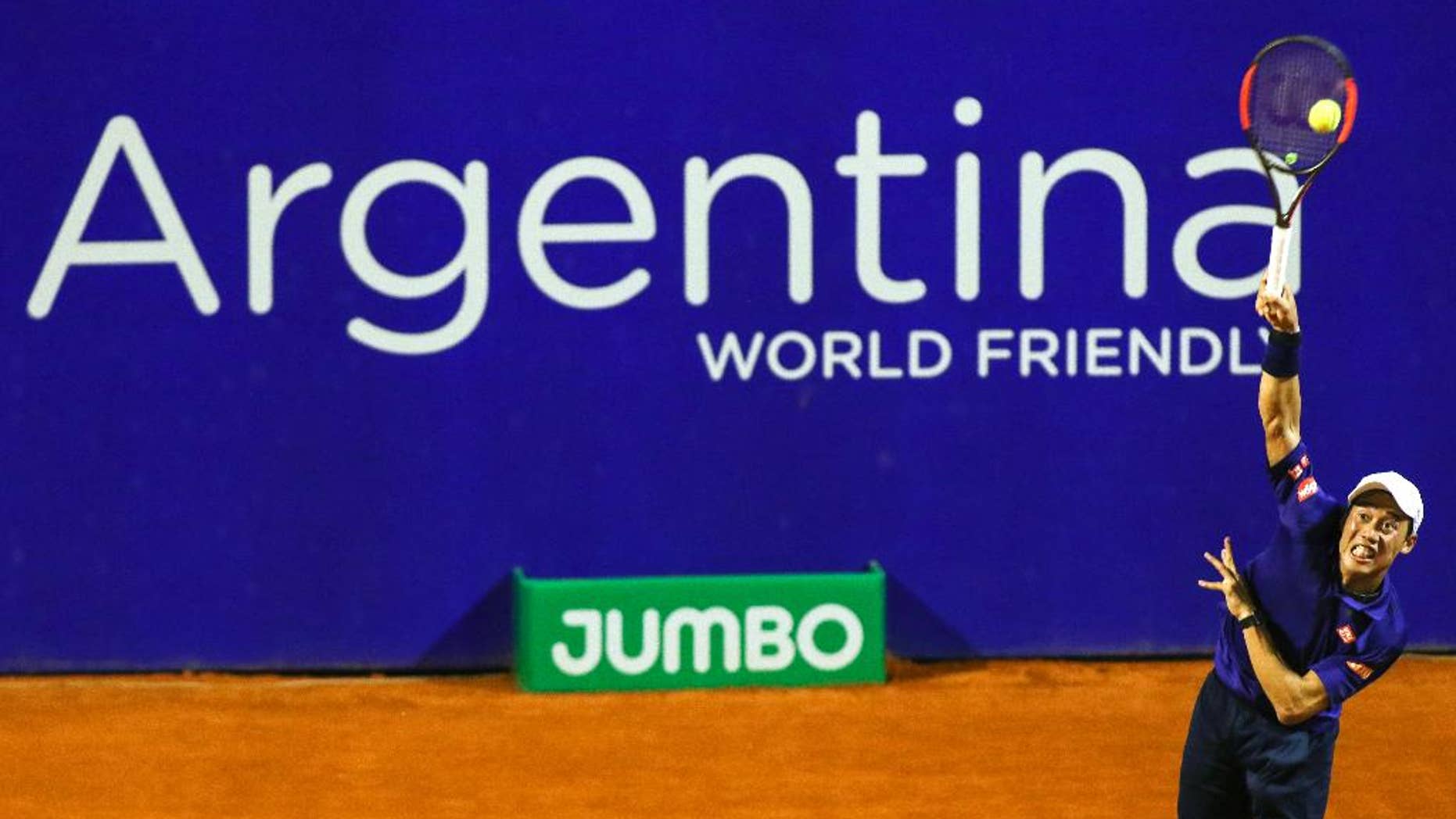 Japan's Kei Nishikori serves against Diego Schwartzman of Argentina during an ATP Argentina Open tennis match in Buenos Aires, Argentina, Wednesday, Feb. 15, 2017. (AP Photo/Agustin Marcarian)