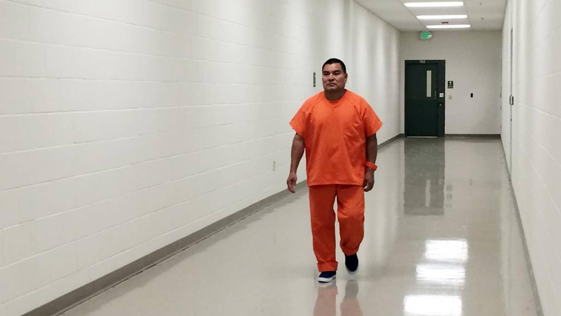 This Aug. 5, 2016 photo shows Guatemalan massacre suspect Santos Lopez Alonzo at a U.S. Immigration and Customs Enforcement (ICE) detention facility in Adelanto, Calif. Lopez Alonzo was arrested in the U.S. in 2010 on immigration violations and held as a material witness in the U.S. government's prosecution of a fellow former soldier from Guatemala. He was deported from the United States on Wednesday, Aug. 10, 2016, after a court refused his plea to stay because he fears for his life. He faces an arrest warrant in Guatemala for his alleged participation in a 1982 massacre during the country's civil war. (AP Photo/Amy Taxin)