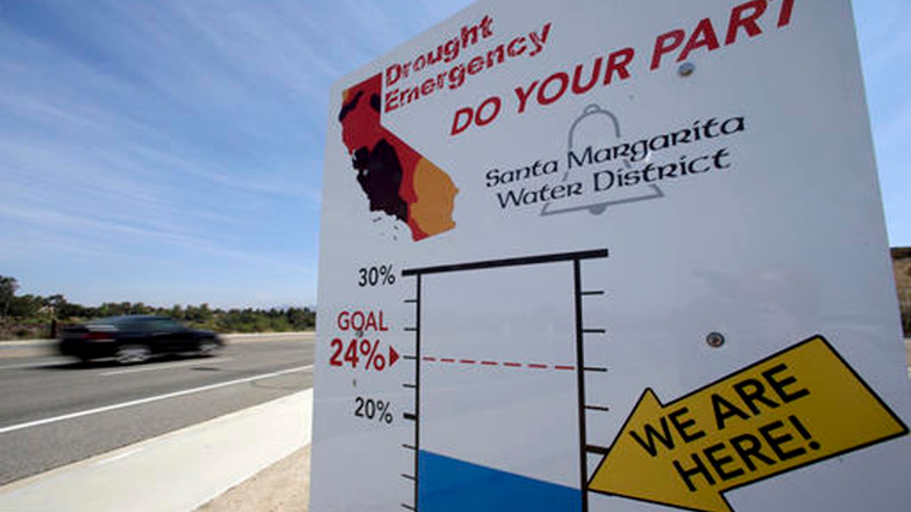 In this July 2, 2015 file photo, cars, in Rancho Santa Margarita, Calif., drive by a sign encouraging residents to save water.