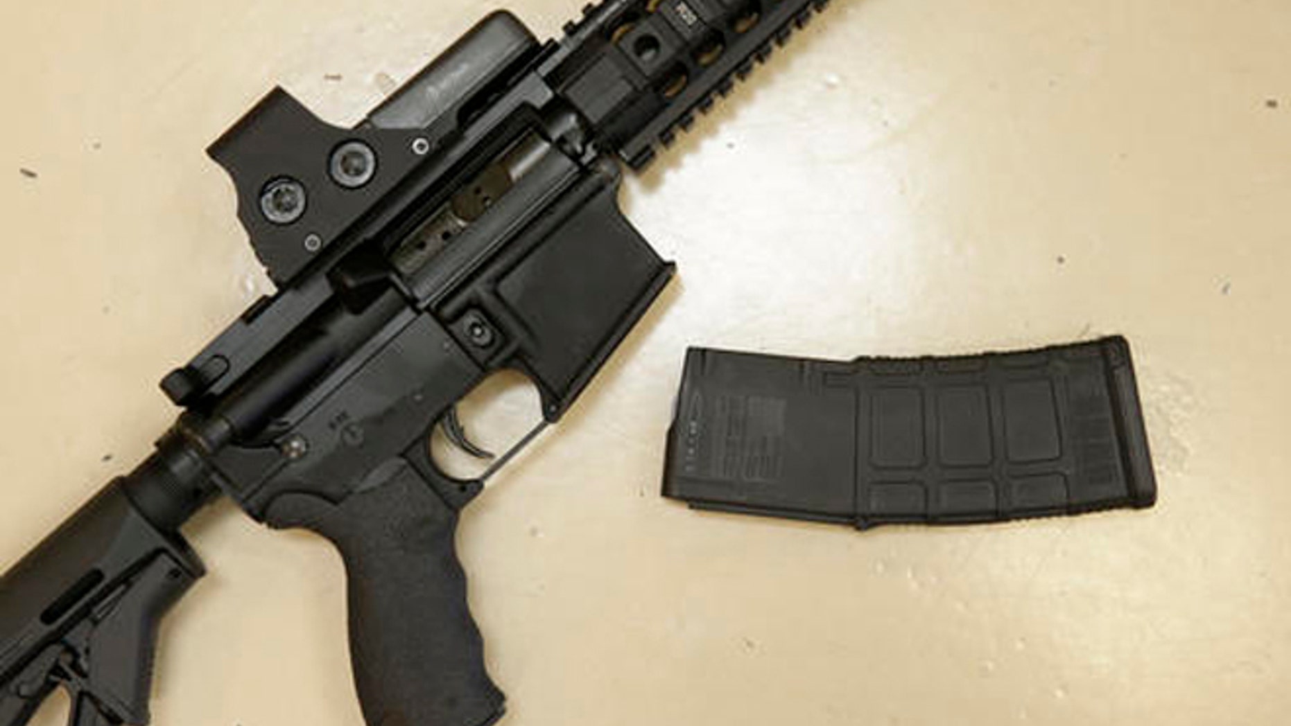 In this Oct. 3, 2013, file photo, a custom-made semi-automatic hunting rifle with a high-capacity detachable magazine is displayed at TDS Guns in Rocklin, Calif.