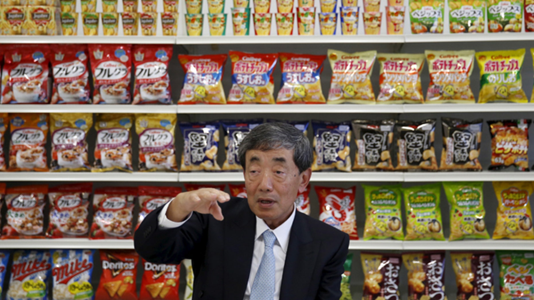 Akira Matsumoto, chairman and chief executive of Calbee Inc., speaks during an interview with Reuters at the company headquarters in Tokyo, Japan January 15, 2016.