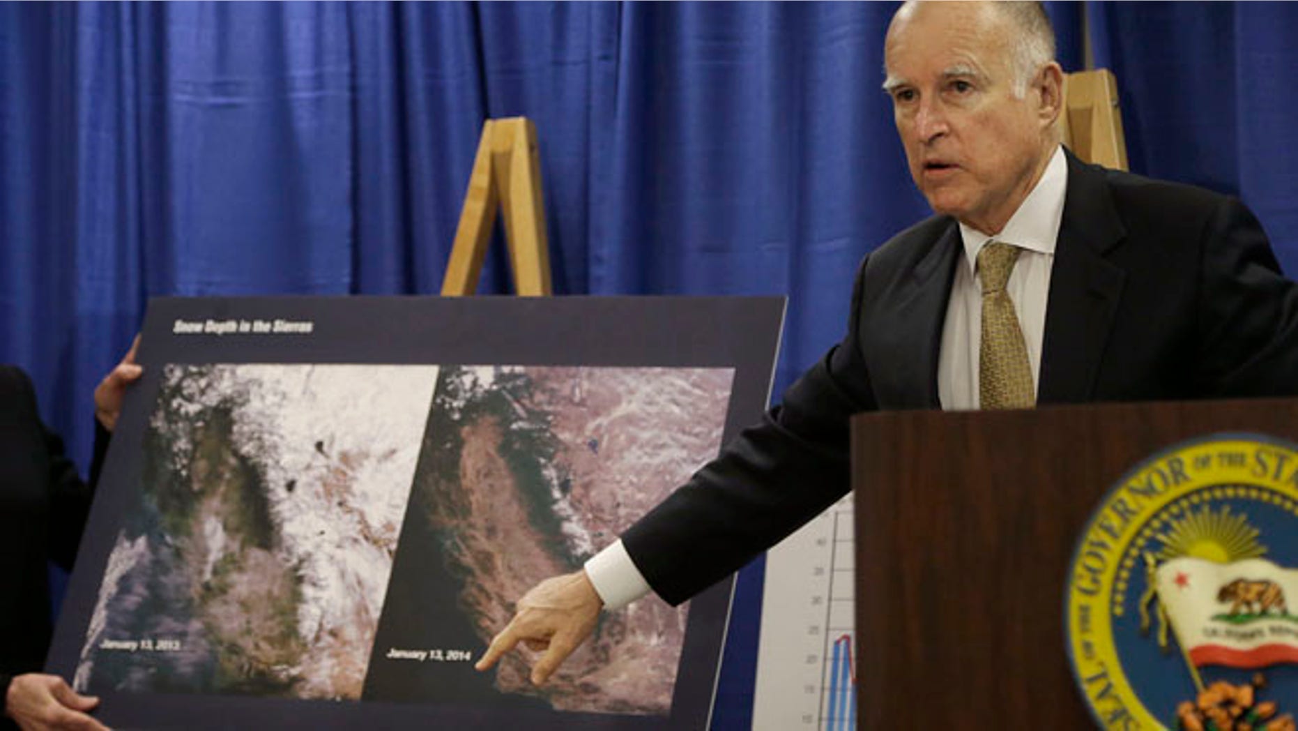 Jan 17, 2014: Gov. Jerry Brown points to images showing the snow depth in the Sierra mountains on Jan. 13, 2013, left, and Jan. 13, 2014, center, while declaring a drought state of emergency in San Francisco.