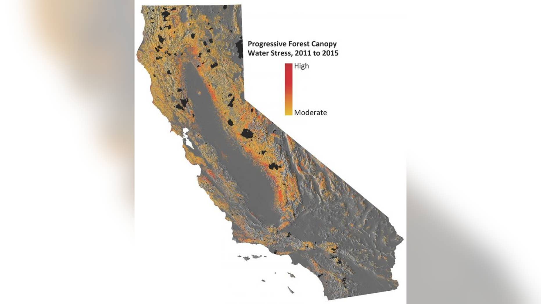 This image shows progressive water stress on California's forests. (Courtesty of Greg Asner
