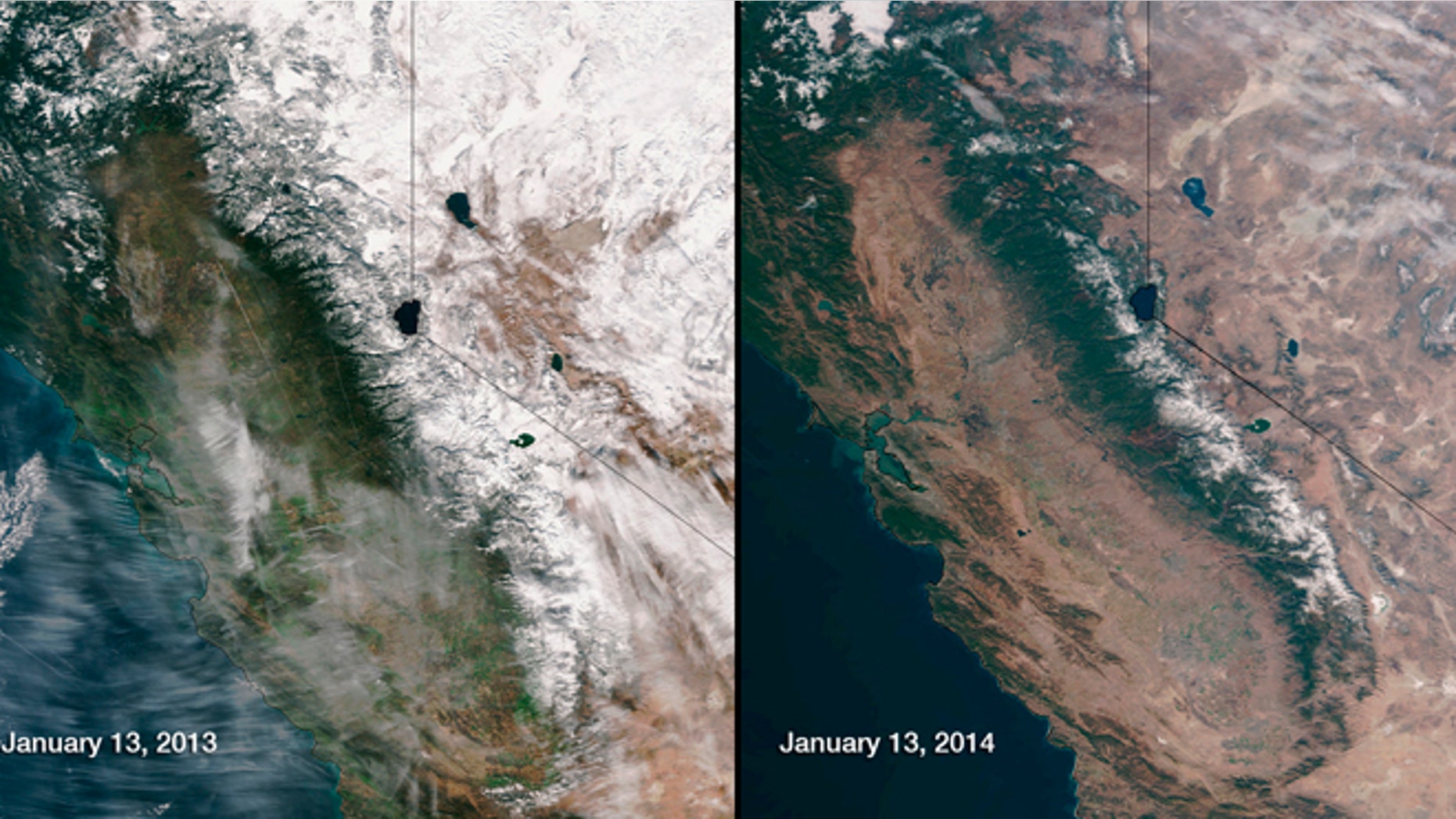 Snow cover in the Sierra Nevada mountain range in California in January 2013 and January 2014 is compared in this combination of NASA satellite handout photos. California Gov. Jerry Brown declared a drought emergency January 17, 2014, a move that will allow the parched state to seek federal aid as it grapples with what could turn out to be the driest year in recorded state history.