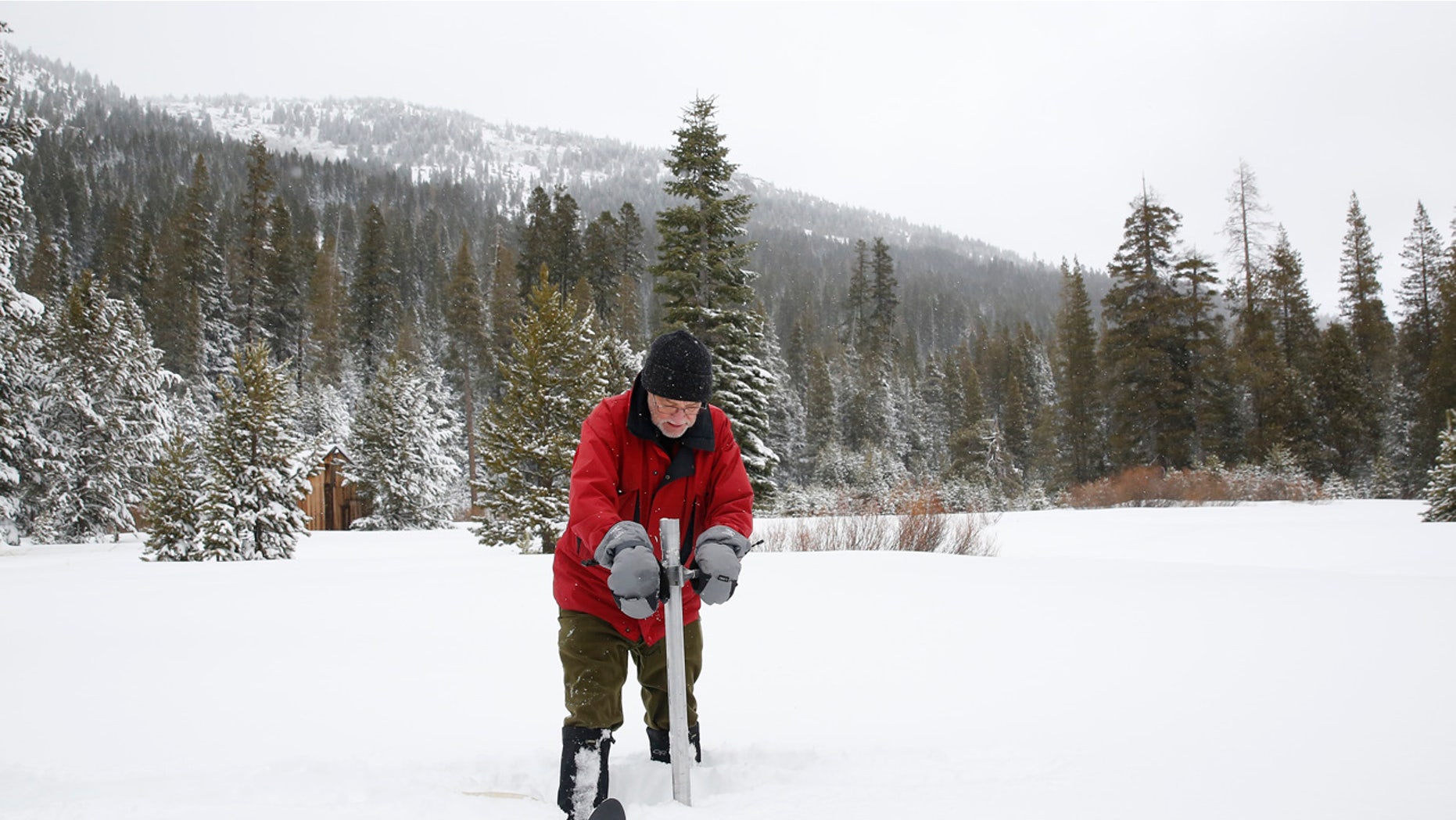 Frank Gehrke, chief of the California Cooperative Snow Surveys Program for the Department of Water Resources, plunges the survey tube into the snowpack as he conducts the first snow survey of the season at Phillips Station Tuesday, Jan. 3, 2017, near Echo Summit, Calif.