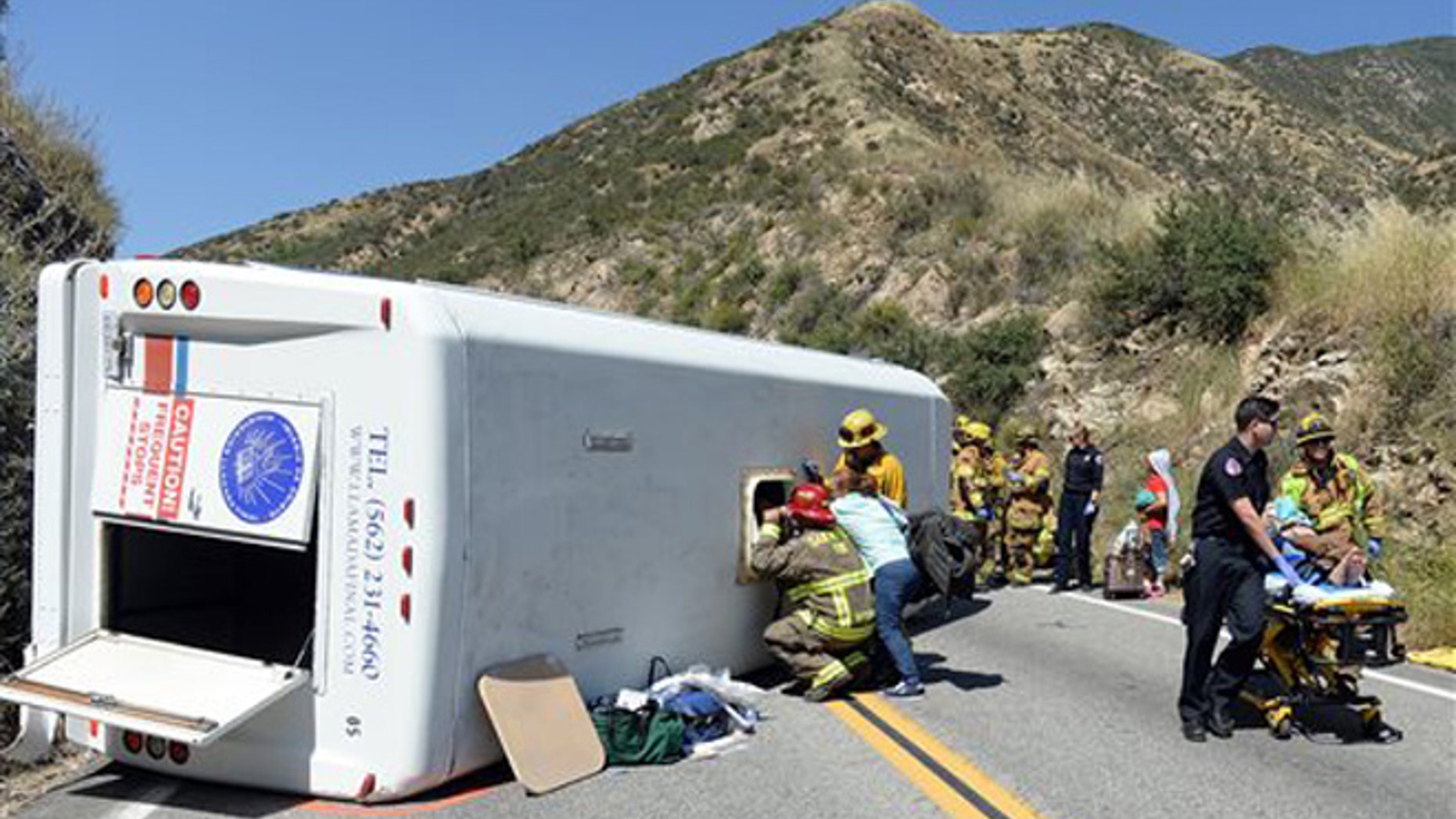 Approximately 20 people were injured, 4 with major injuries, after a small tour bus crashed and rolled over on highway 330 approximately 2 miles north of the 210 freeway Sunday, May 22, 2016