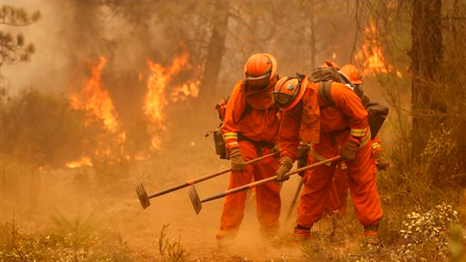 Sept. 12, 2015: A California Department of Corrections and Rehabilitation inmate work crew builds a containment line ahead of flames from the Butte Fire, near Sheep Ranch, Calif.