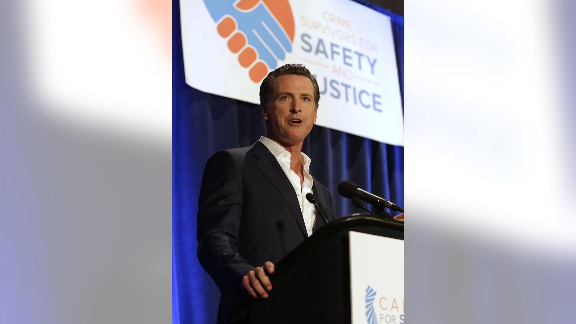 FILE - In this April 20, 2015, file photo, California Lt. Gov. Gavin Newsom speaks at the Californians for Safety and Justice conference in Sacramento, Calif.