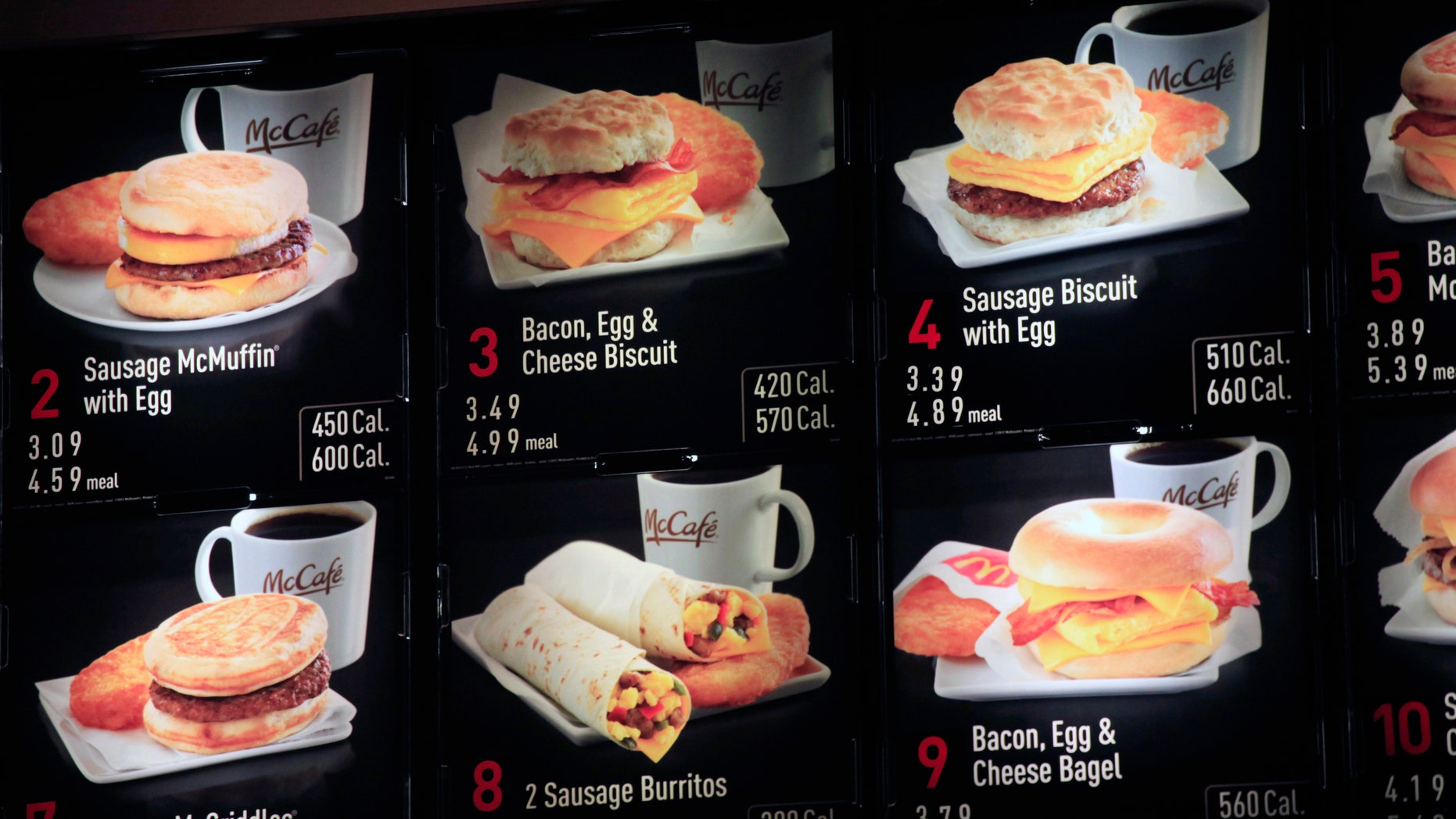 FILE - In this Sept. 12, 2012 file photo, items on the breakfast menu, including the calories, are posted at a McDonald's restaurant in New York. Wondering how many calories are in that hamburger? Chain restaurants still don't have to tell you, despite a six year-old law requiring calorie labels. The Food and Drug Administration said earlier this month that it will delay menu labeling rules, again, until next year. Pushback from supermarkets and convenience stores that will be required to put calorie labels on take-out foods have slowed the process. (AP Photo/Mark Lennihan, File)