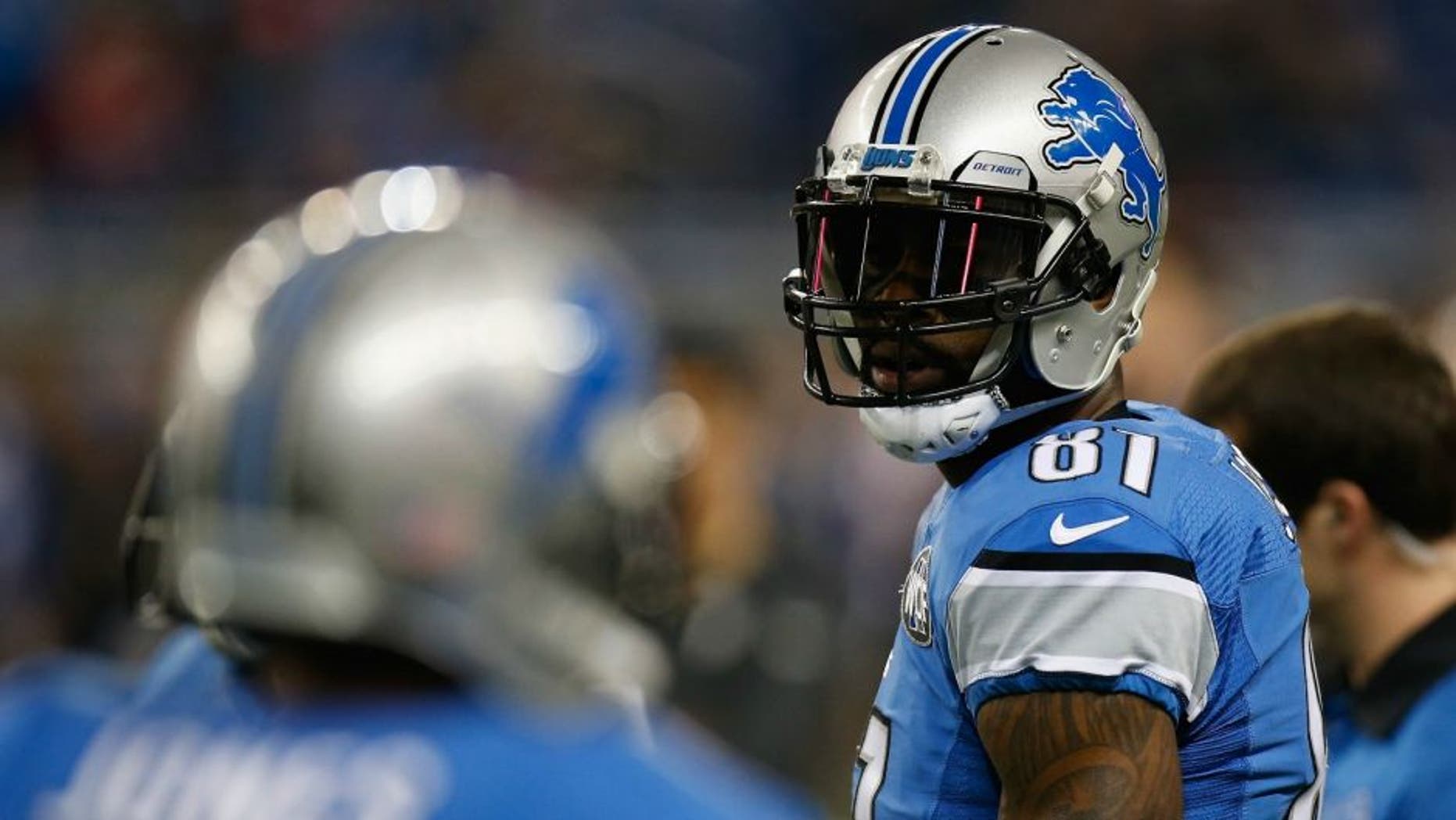 DETROIT, MI - DECEMBER 27: Calvin Johnson #81 of the Detroit Lions looks on prior to playing the San Francisco 49ers at Ford Field on December 27, 2015 in Detroit, Michigan. (Photo by Gregory Shamus/Getty Images)
