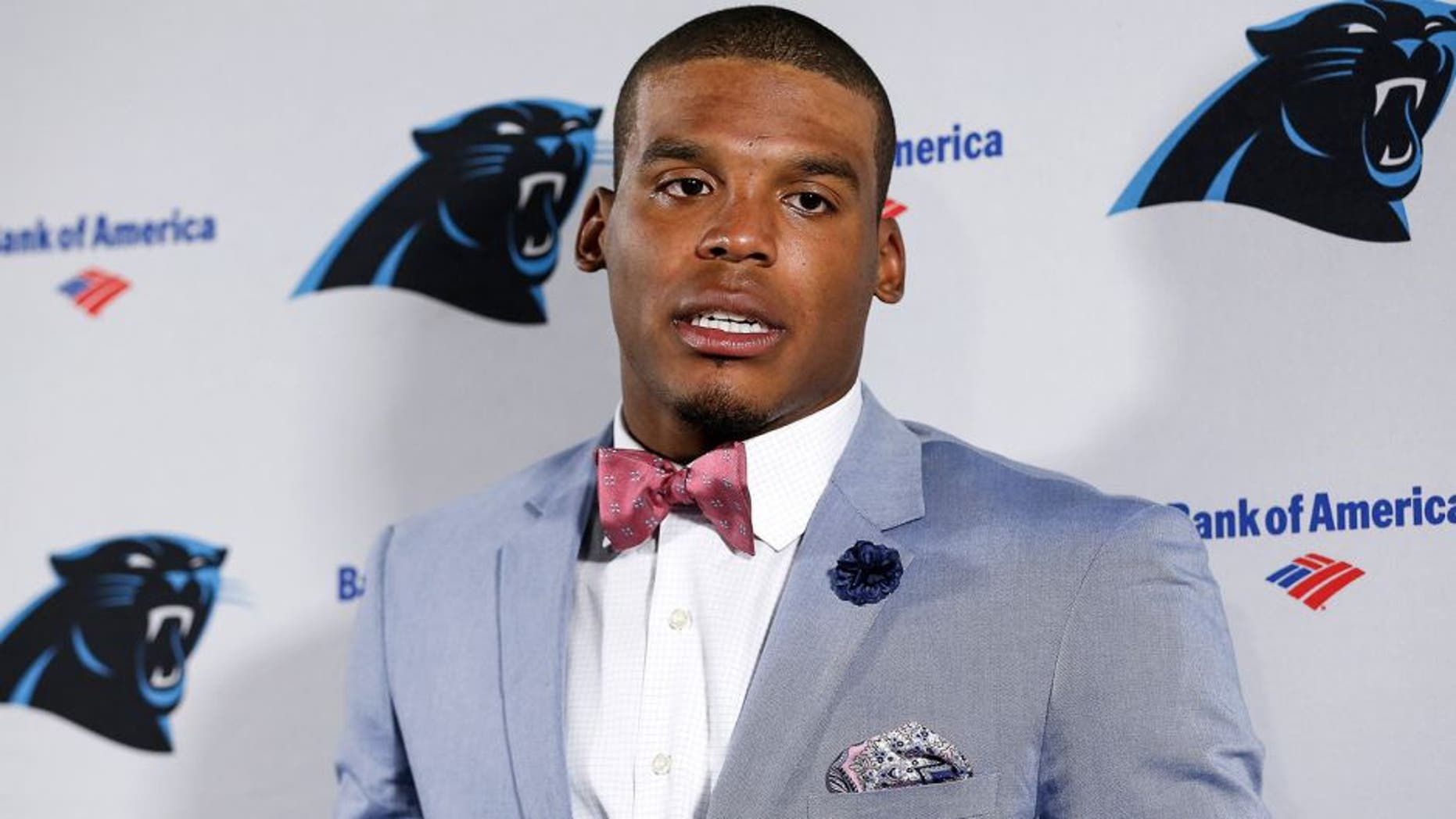 TAMPA, FL - OCTOBER 4: Quarterback Cam Newton #1 of the Carolina Panthers talks with the media after the game against the Tampa Bay Buccaneers at Raymond James Stadium on October 4, 2015 in Tampa, Florida. Panthers defeated the Buccaneers 37 to 23. (Photo by Don Juan Moore/Getty Images)