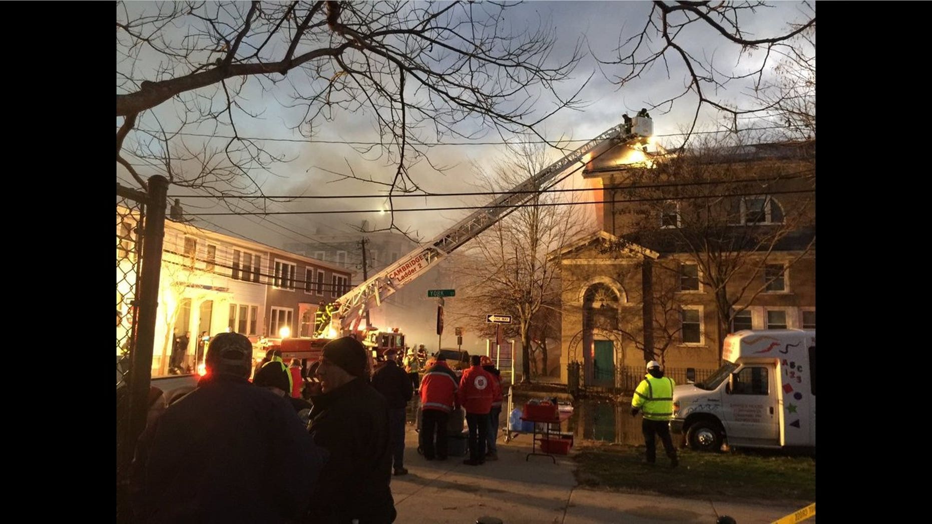 A 10-alarm fire was raging Saturday afternoon in Cambridge, MA.