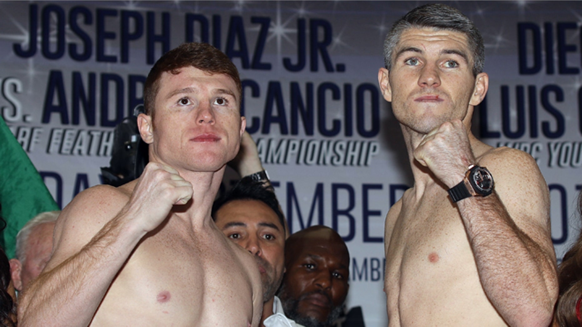 ARLINGTON, TX - SEPTEMBER 16: (L-R) Canelo Alvarez of Mexico and Liam Smith of Great Britain pose after weigh-in for their WBO junior middleweight world championship fight at AT&T Stadium on September 16, 2016 in Arlington, Texas. (Photo by Ronald Martinez/Getty Images)