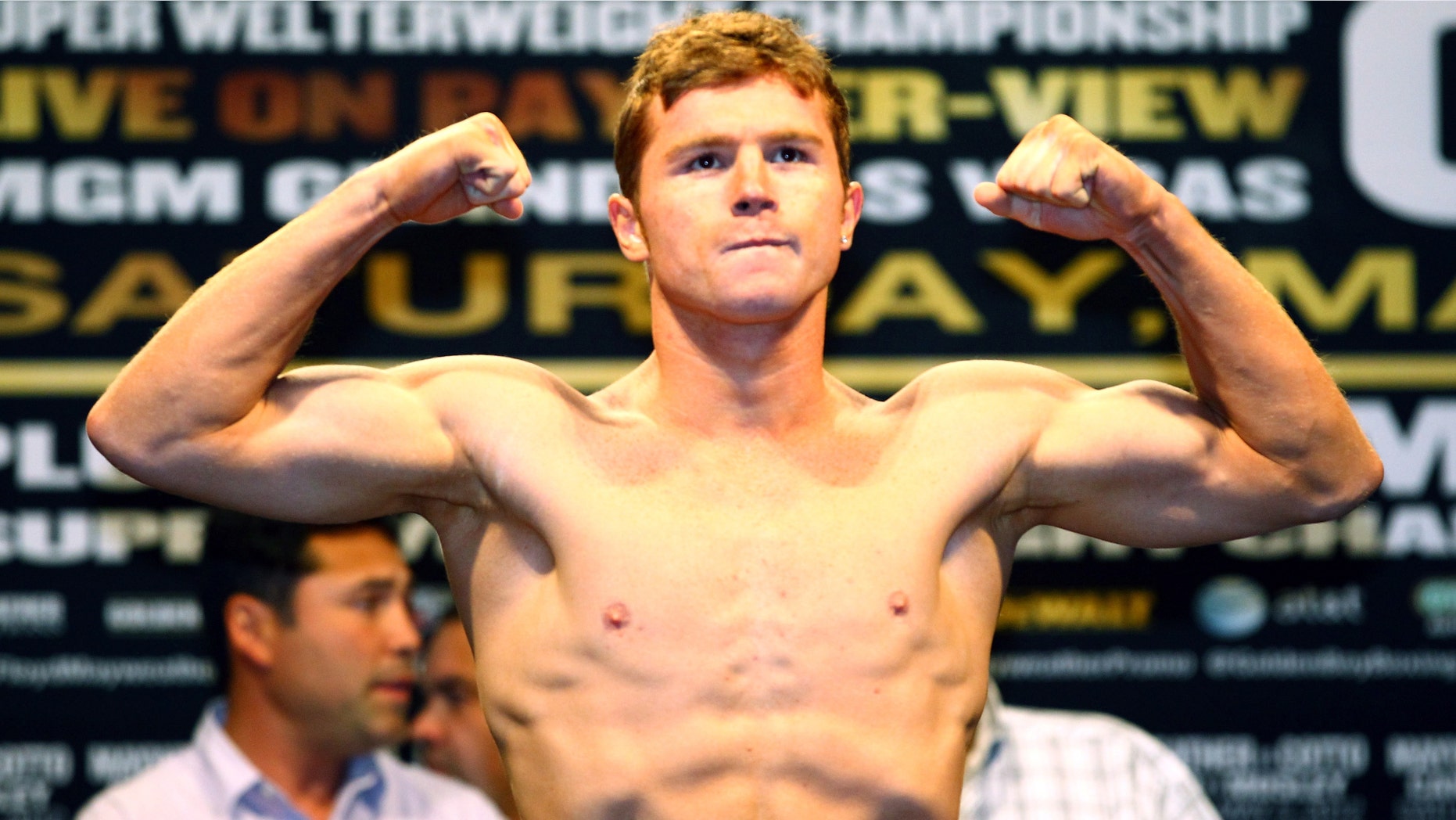 LAS VEGAS, NV - MAY 04: WBC super welterweight champion Saul Alvarez poses after weighing in at 154 pounds during the official weigh-in for his bout against Shane Mosley at the MGM Grand Garden Arena on May 4, 2012 in Las Vegas, Nevada. Alvarez will defend his title against Mosley on May 5, 2012 in Las Vegas. (Photo by Al Bello/Getty Images)