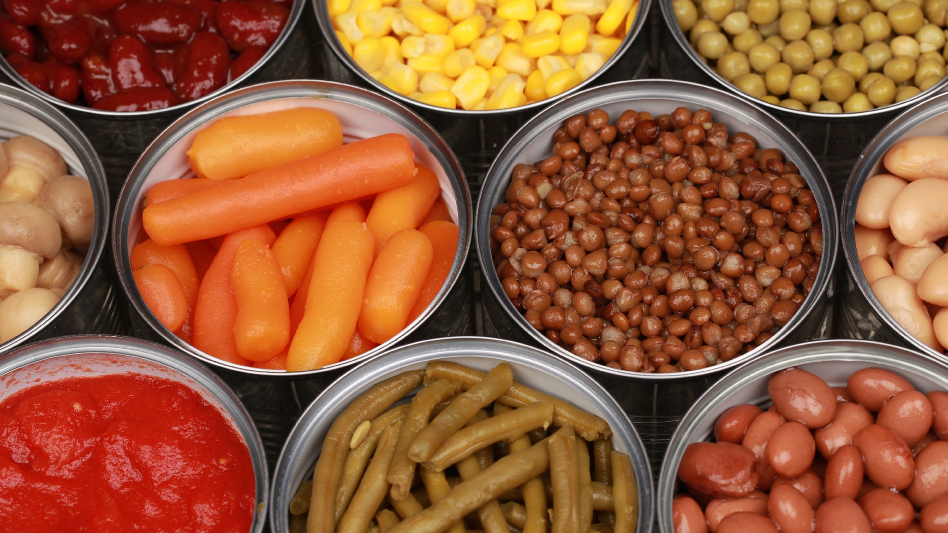 Vegetables such as carrots, lentils, corn, peas and tomatoes in cans
