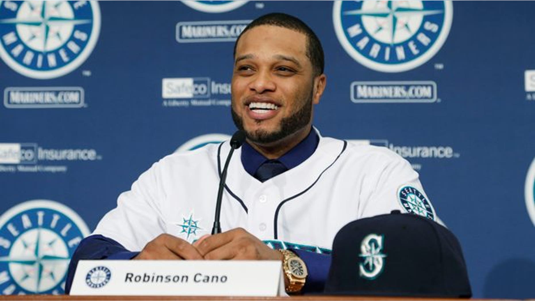 Dec. 12, 2013: Robinson Cano talks to reporters after he was introduced as the newest member of the Seattle Mariners baseball team in Seattle. (AP/Ted S. Warren)