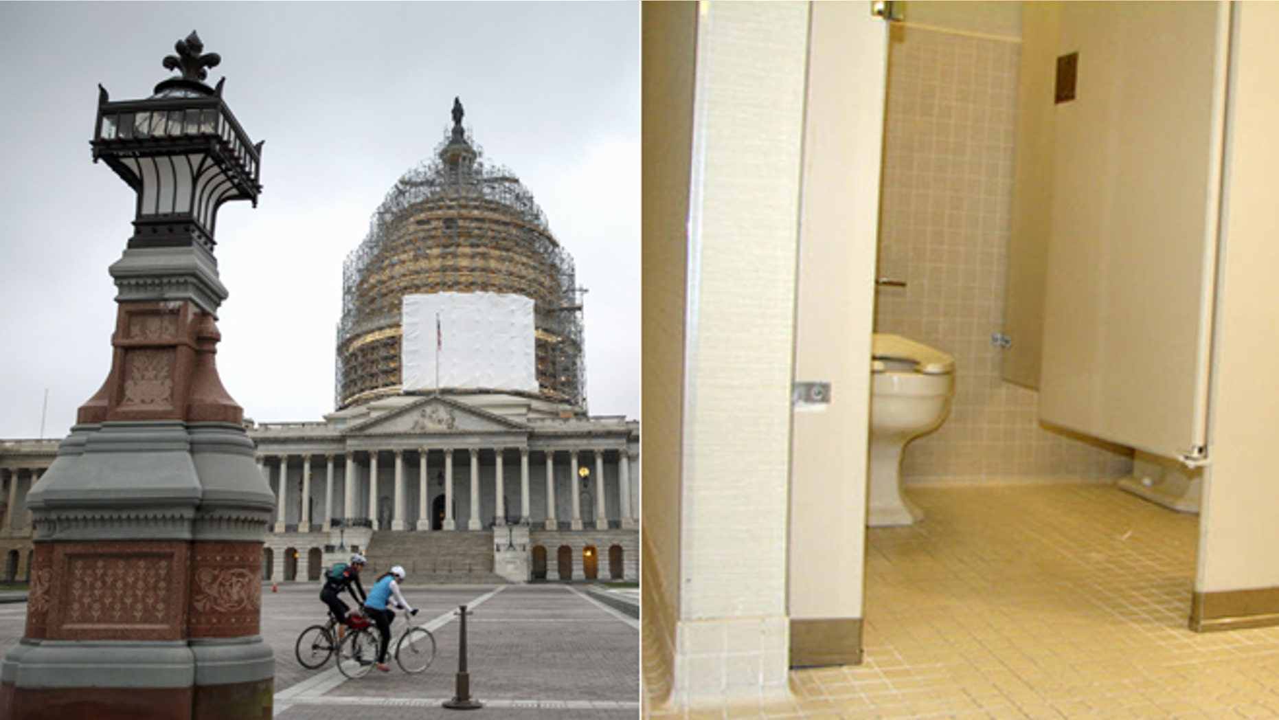 At left: The U.S. Capitol; At right: Bathroom file photo