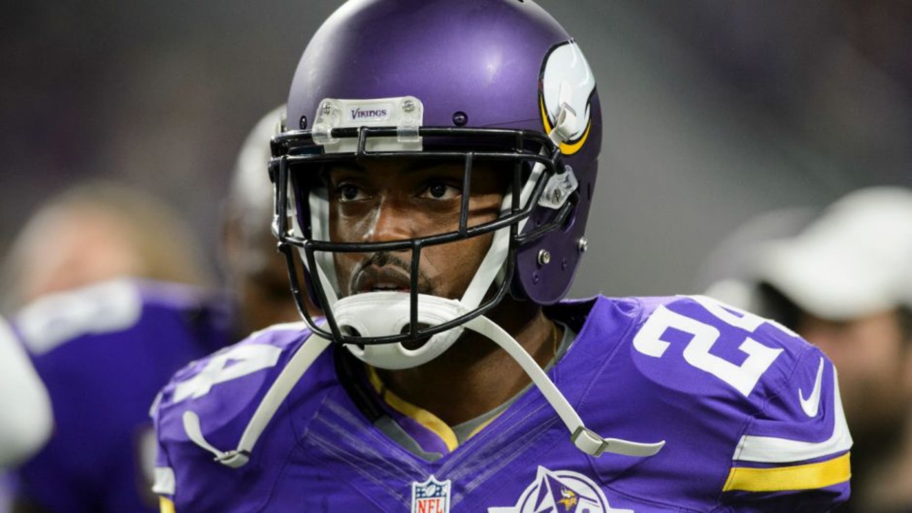 MINNEAPOLIS, MN - SEPTEMBER 18: Captain Munnerlyn #24 of the Minnesota Vikings looks on before the game against the Green Bay Packers on September 18, 2016 at US Bank Stadium in Minneapolis, Minnesota. The Vikings defeated the Packers 17-14. (Photo by Hannah Foslien/Getty Images)